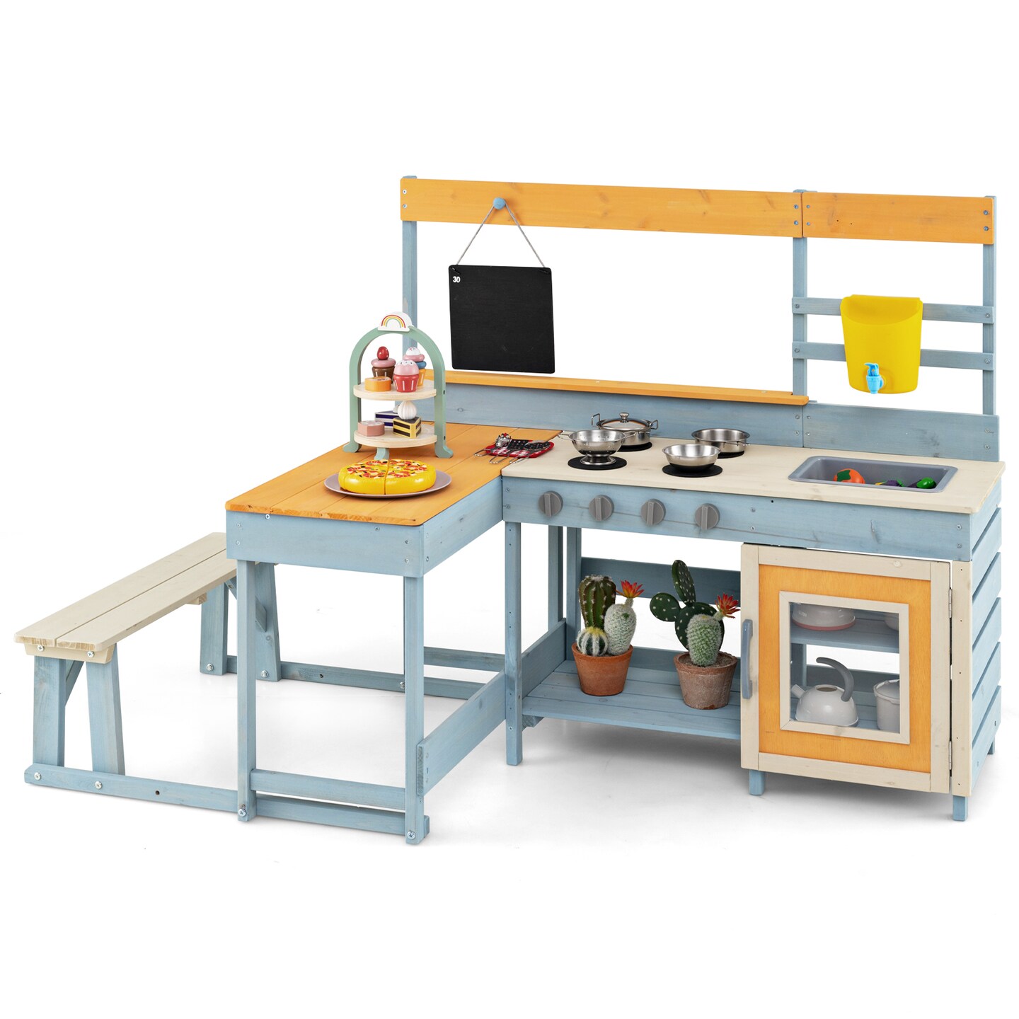 Natural Fir Wood Play Kitchen with Kids Picnic Table and Built-in Bench for Outdoor Fun