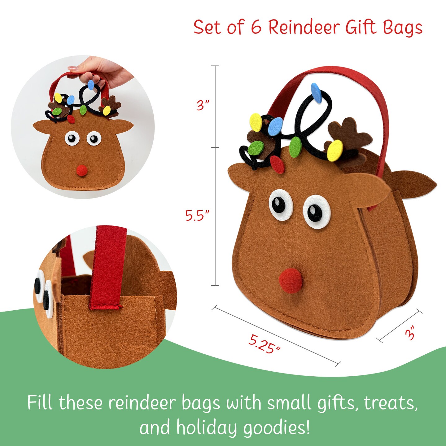 Wrapables Felt Reindeer Gift Bags, Holiday Decorations (Set of 6)