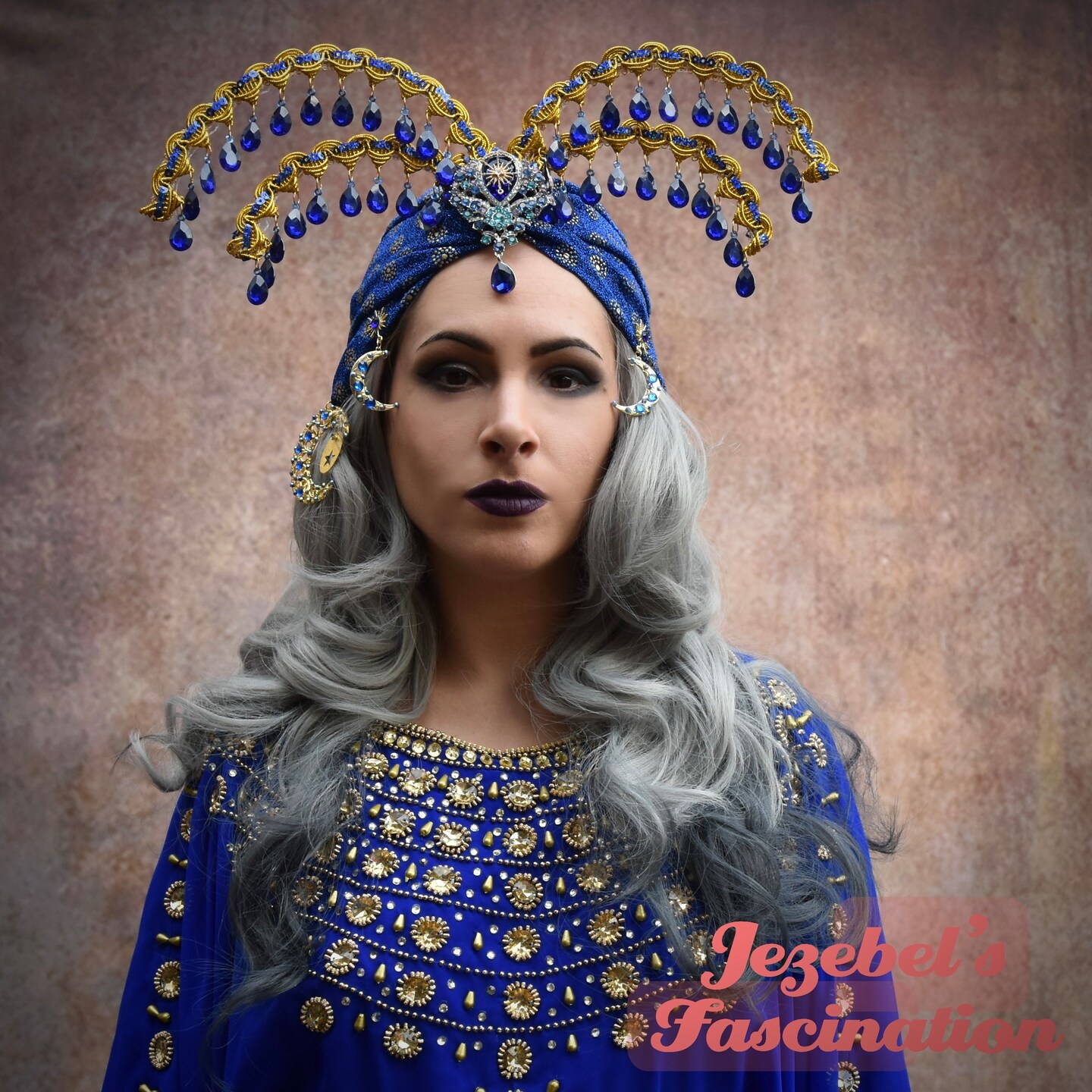 Fortune Teller Costume Headpiece, Flapper 1920s Celestial Turban, Gatsby Moon Star Headdress, Art Deco Sapphire Dance Burlesque Vaudeville