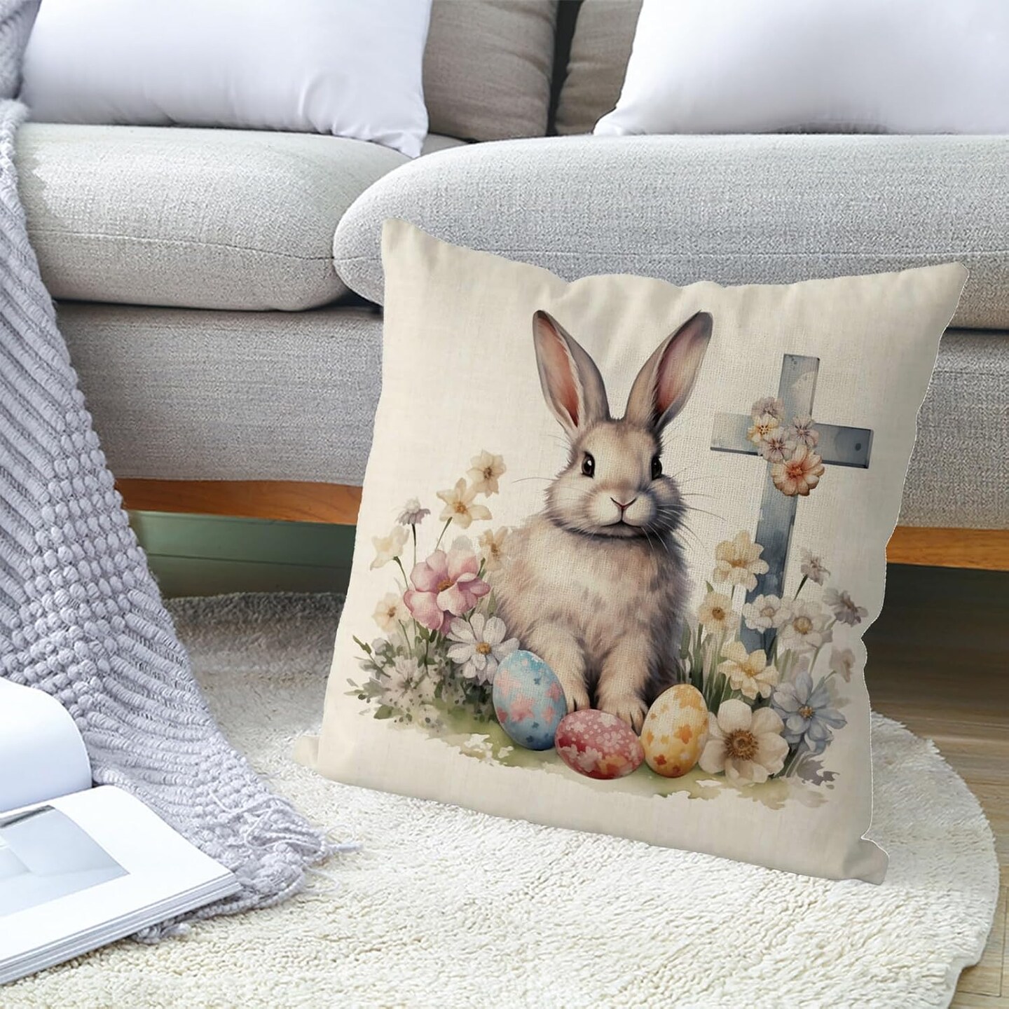Easter Pillow Covers 18x18 Inch Bunny Eggs Throw Pillowcase Cross Floral Home Sofa Bedroom Cushion Case