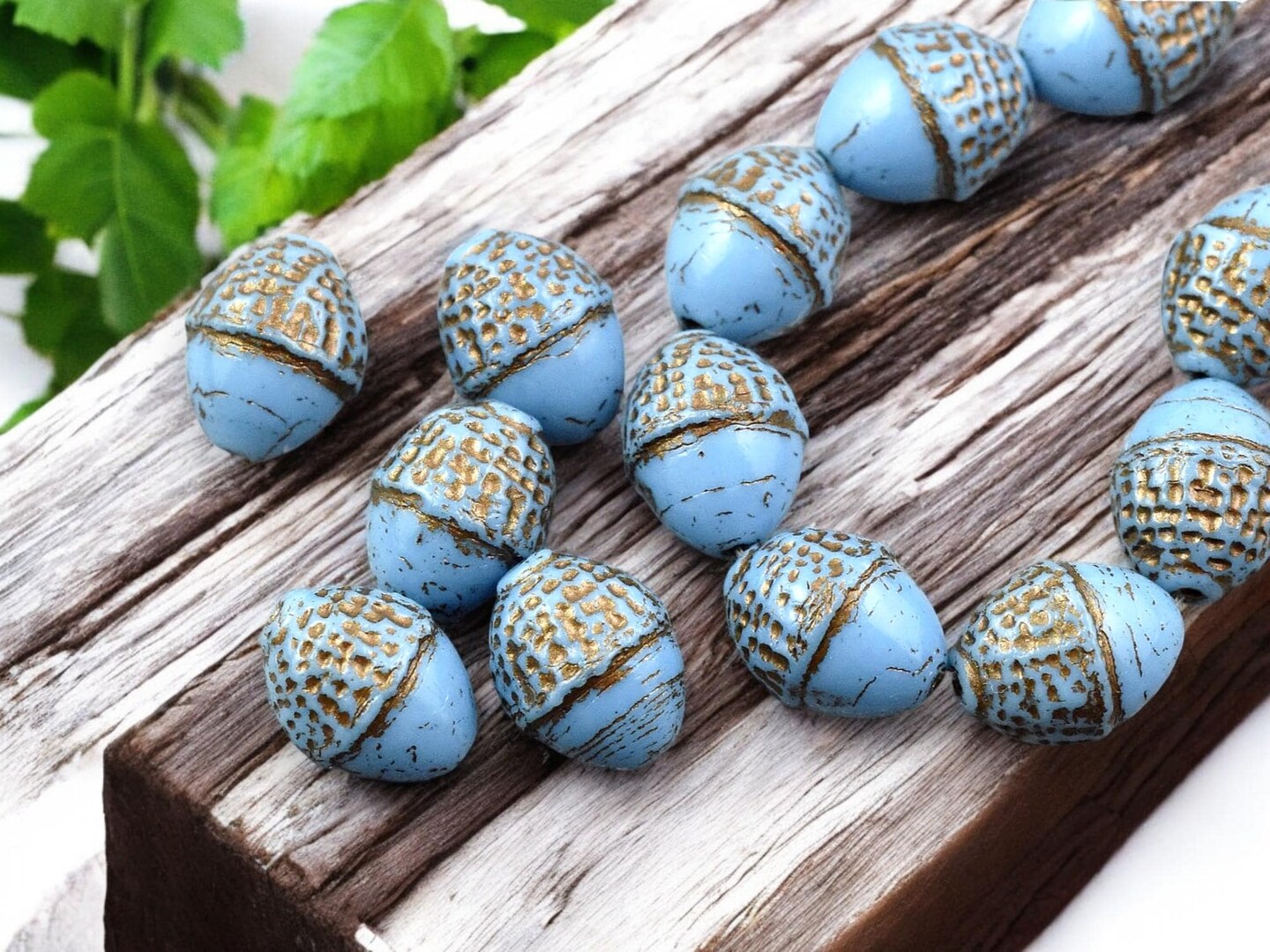 *8* 10x12mm Bronze Washed Opaque Pacific Blue  Acorn Oval Beads