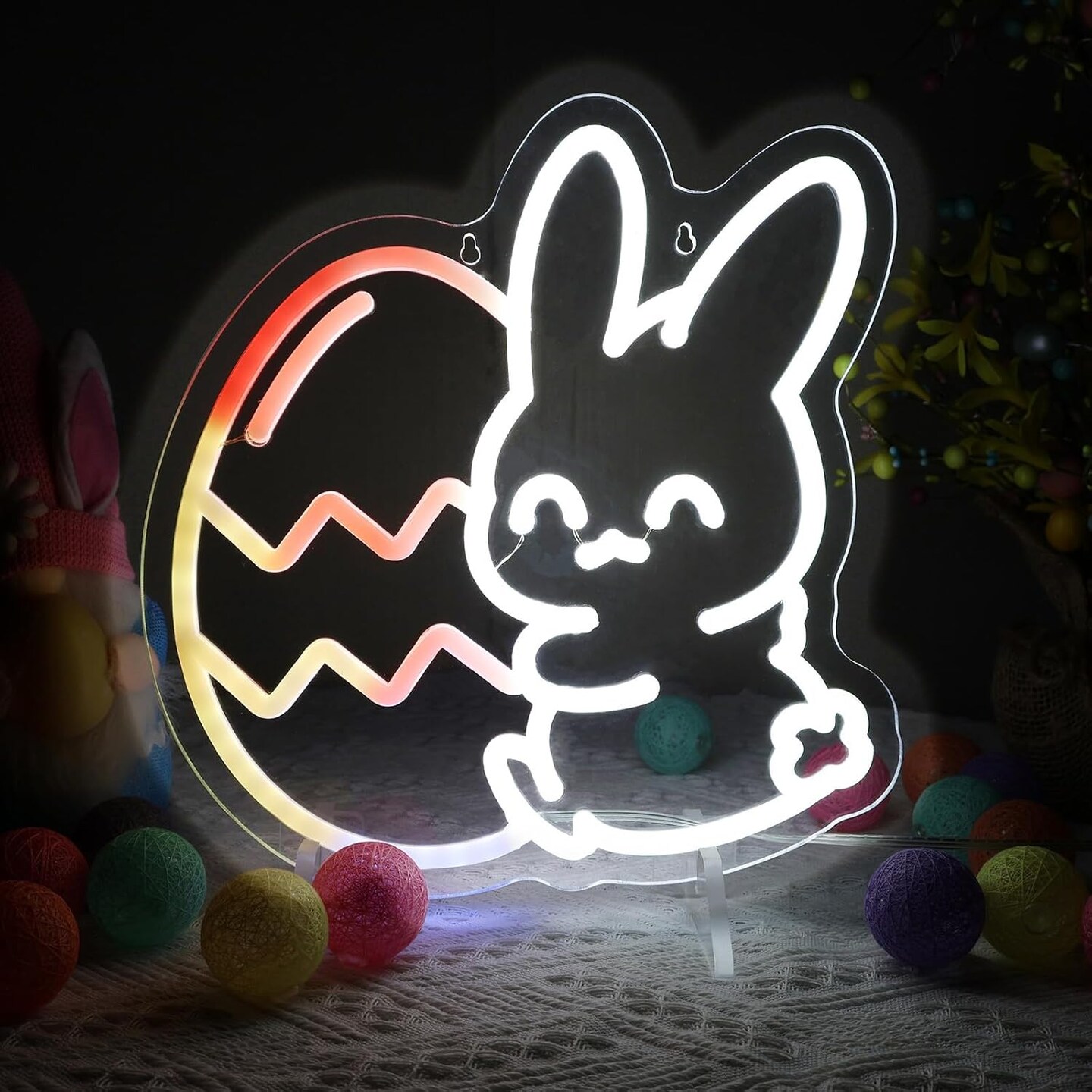 Easter Neon Lights, Bunny Embracing Egg, Multicolor Lights with Dynamic Effect Neon Sign, Remote Control Easter Lights USB Powered, Easter Decorations Indoor for Bedroom Wall Window Table Home Decor