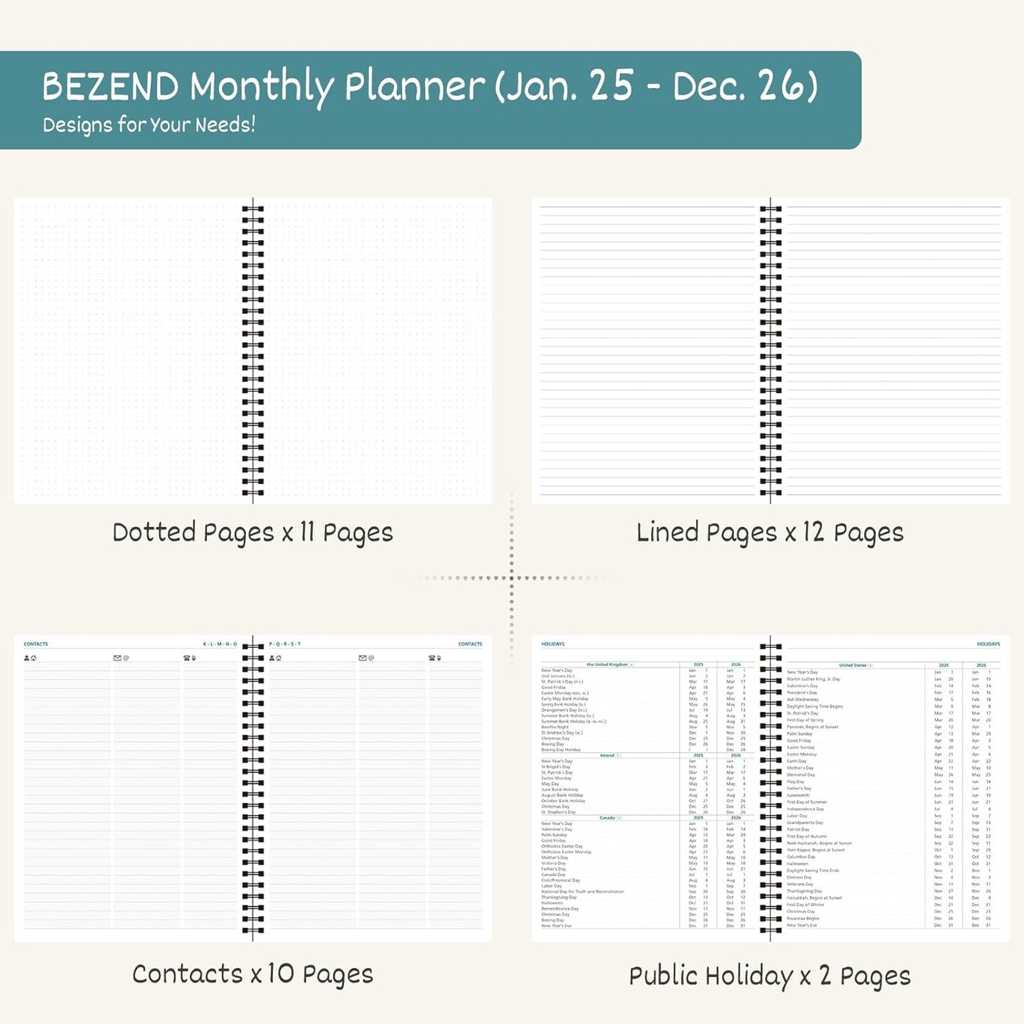 2 Year Monthly Planner 2025-2026 Medium Size 7&#x22; x 9&#x22; (Jan 2025 - Dec 2026) Spiral Calendar Book with Tabs, 120 GSM Thick Paper, Storage Pockets &#x26; Notes, PU Leather Softcover in Lavender