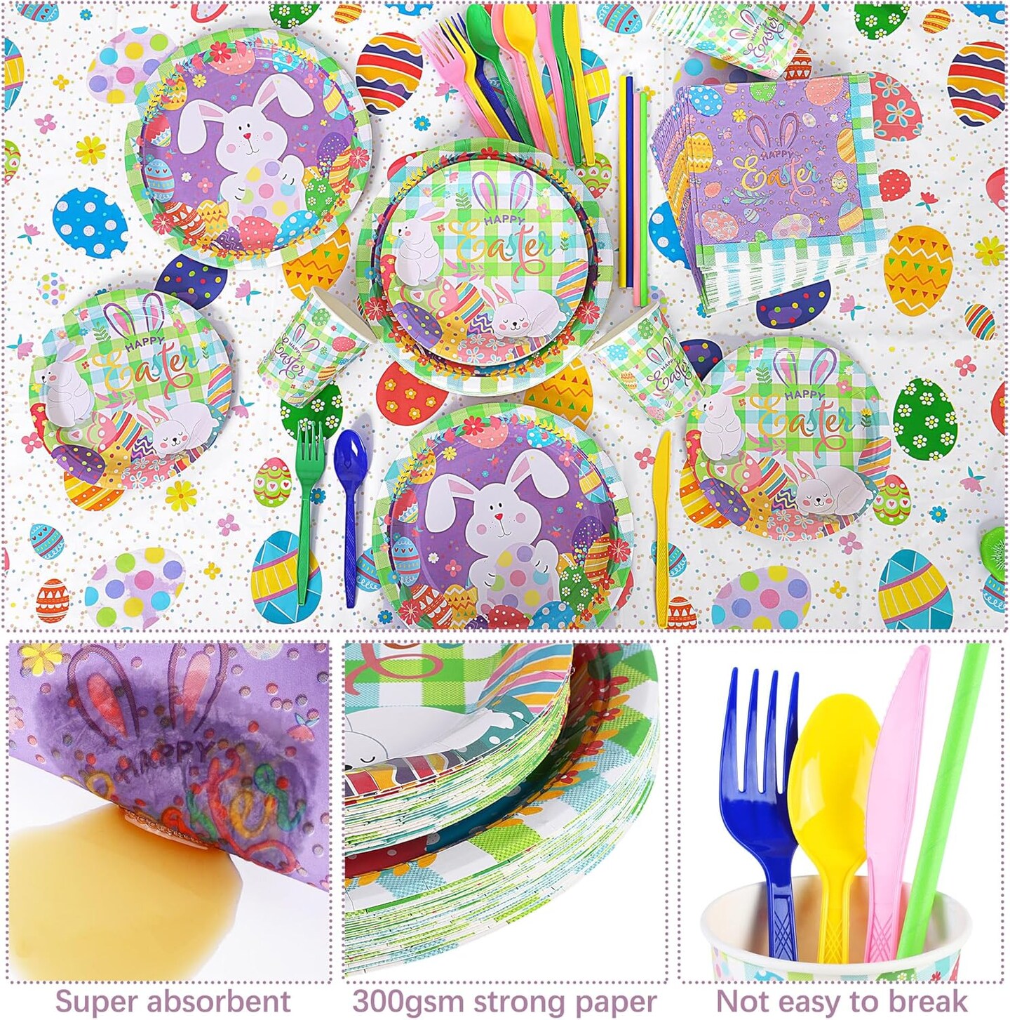 194 Pieces Disposable Easter Colorful Tableware Set Bunny Party Supplies Include Easter Plates Cups Napkins Cutlery Colorful Eggs Tablecloth for Easter Party Supplies Table Decoration Serves 24