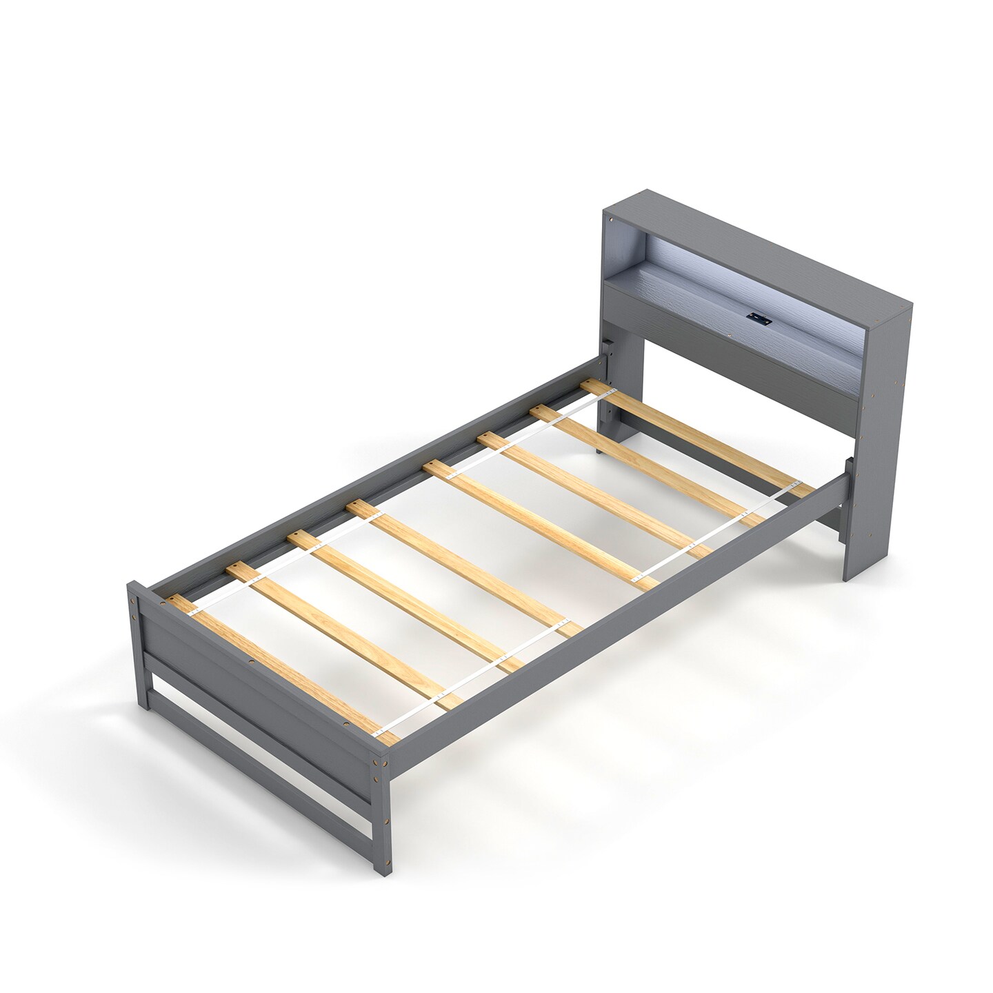 Wooden Twin Bed with Storage Headboard Charging Station LED Light and Under-bed Storage