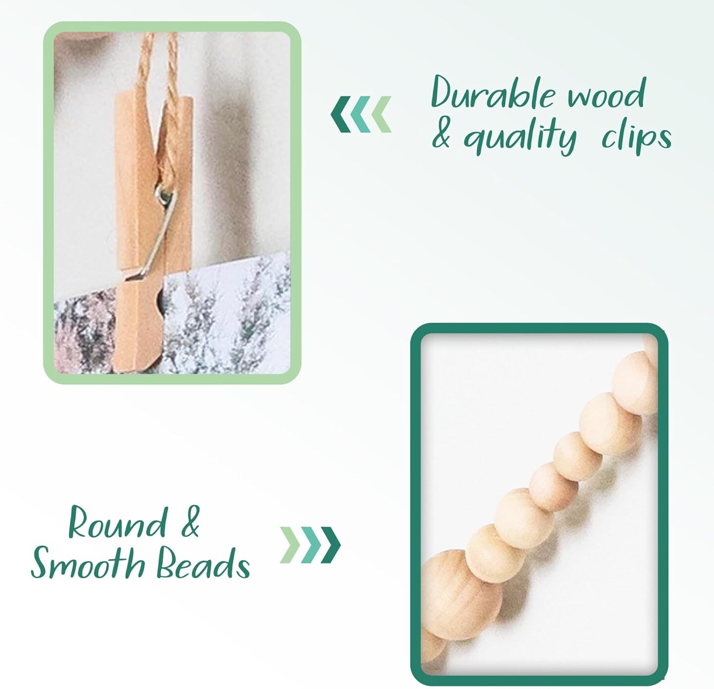 Wooden Beads Garland with Clothespins Picture Cards Holder - Country Farmhouse Christmas Nursery Boho Holiday Decorations with Clips