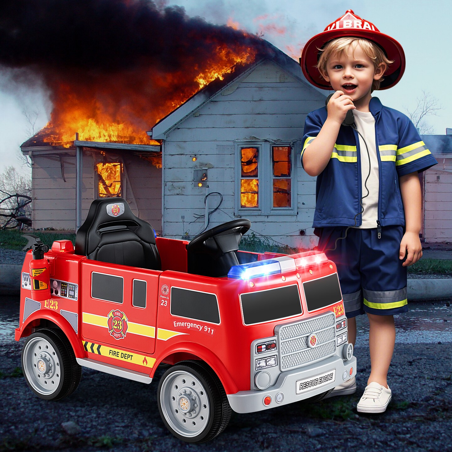 Red Plastic Ride-On Fire Truck with Remote Control, Extinguisher, and Lights