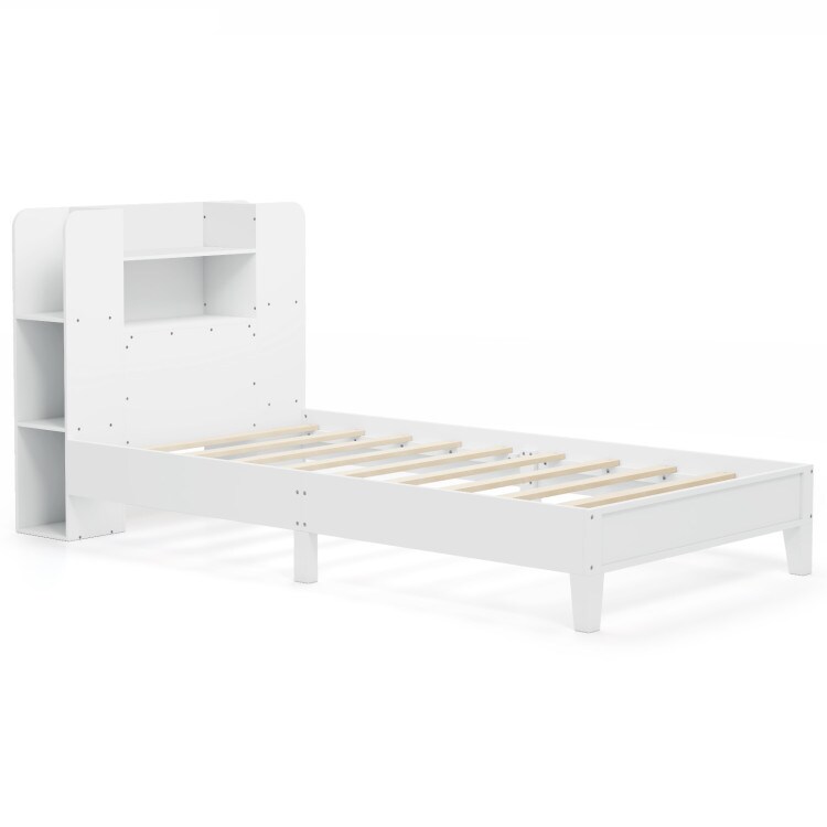 Wooden Twin Bed Frame with Bookcase Headboard Storage Shelves and Under-bed Space