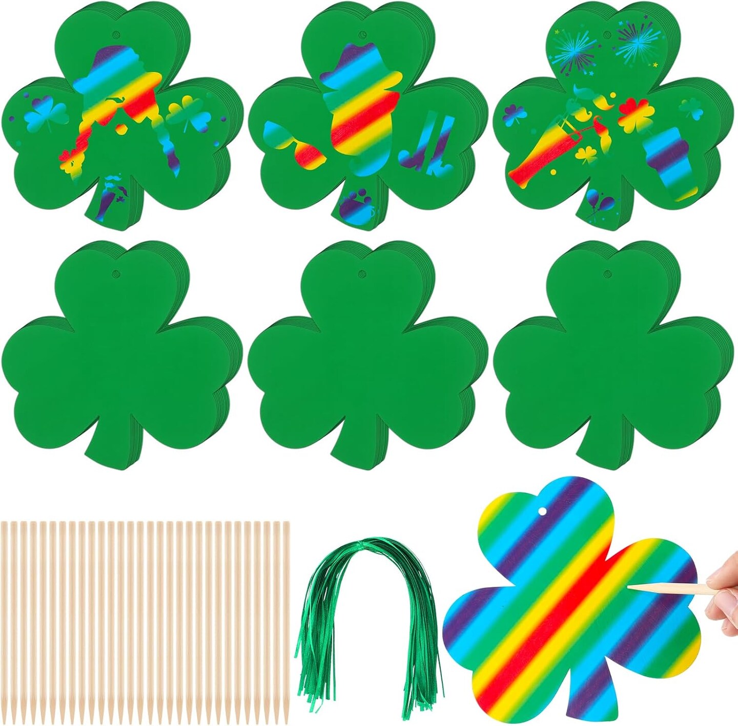 60 Set St. Patrick's Day Crafts for Kids Shamrocks Colorful Scratch with 30 Wooden Scratch Tools Green Shamrocks Hanging Craft Art Kit for Kids Gifts St. Patrick's Day Party School Favors