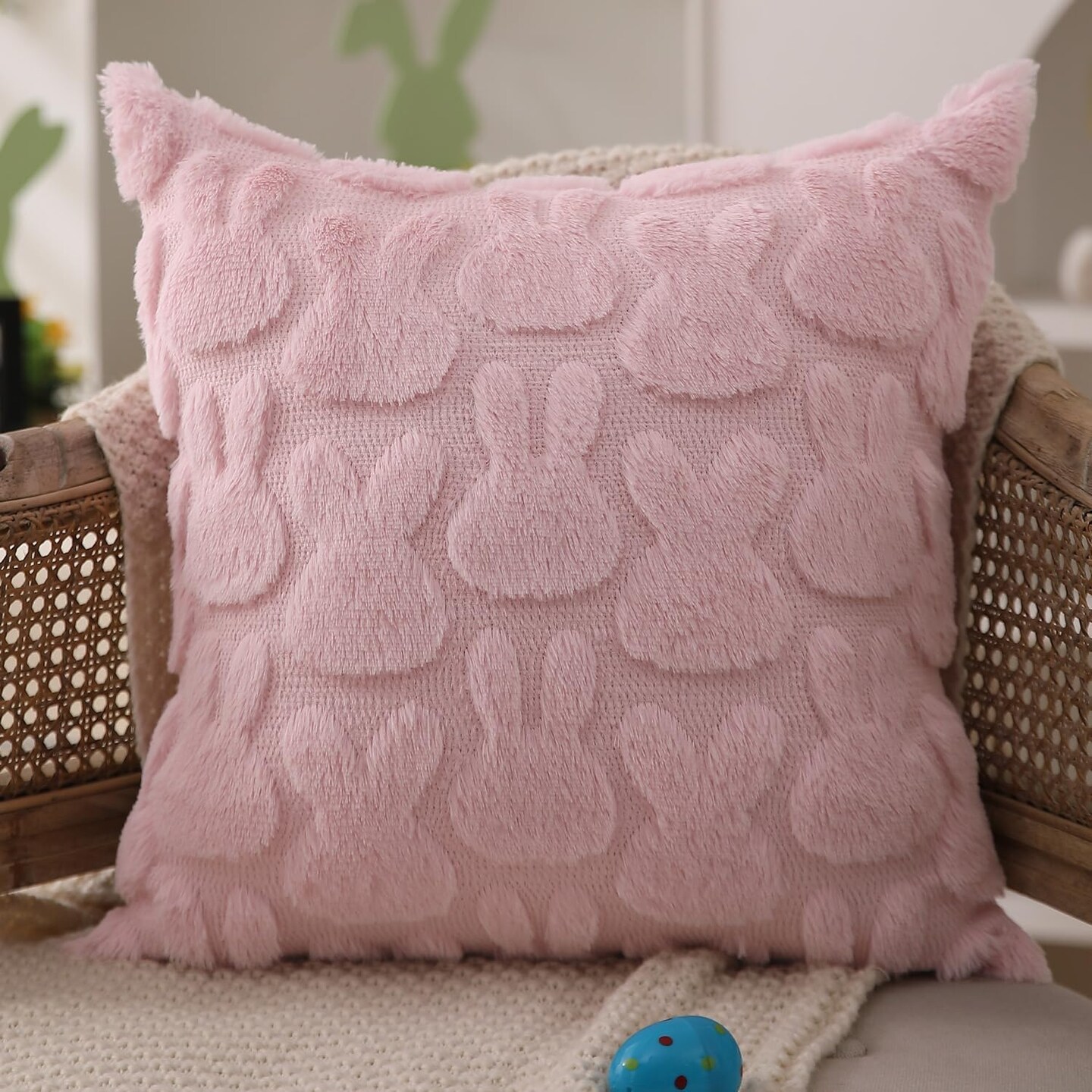 Easter Pillow Covers 18x18 inch Set of 2 Easter Decoration Pink Rabbit Soft Plush Faux Fur Jacquard Throw Pillows