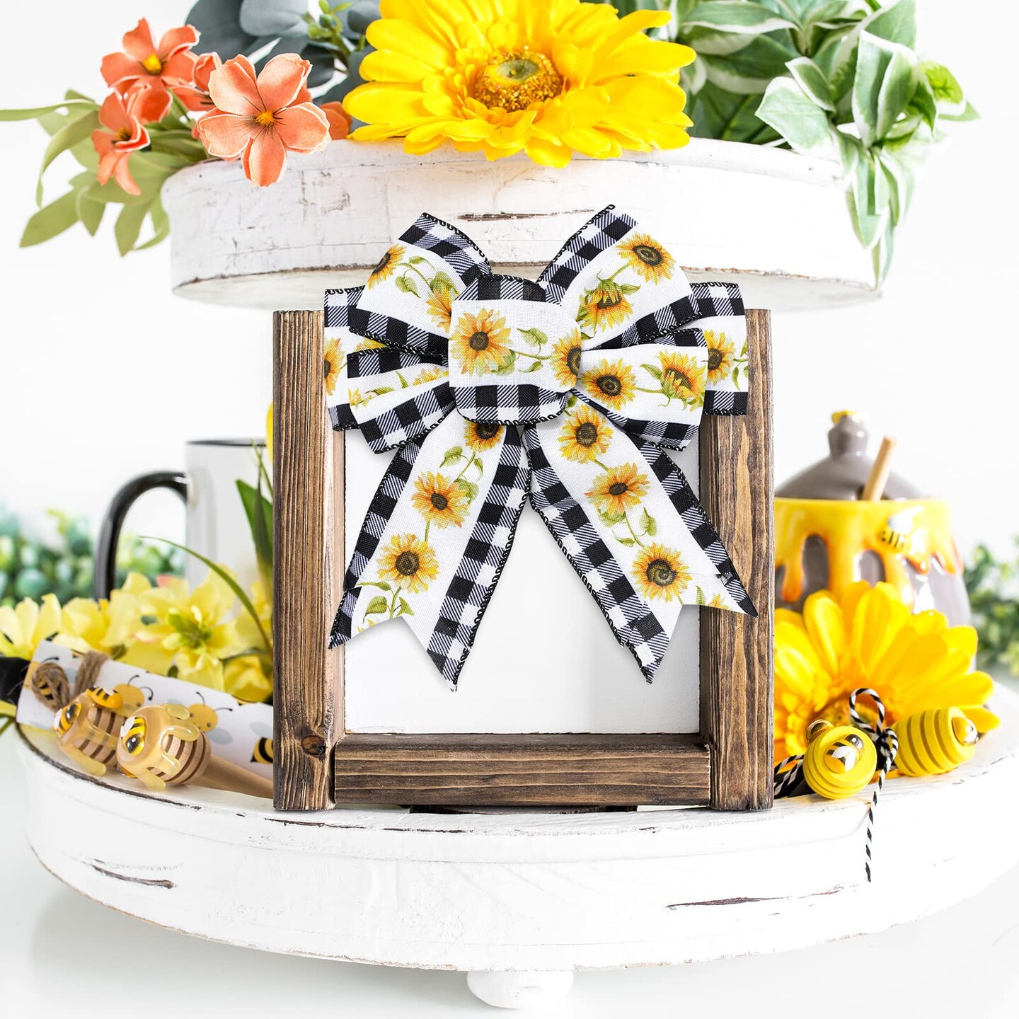 36 Yard Sunflower Wired Edge Ribbon 6 Roll 2.5 Inch Buffalo Plaids Flower Fabric Ribbon Spring Summer Floral Decorative Craft Ribbon for Gift Wrapping Decor Hair Bow Sewing Wreath Crafts