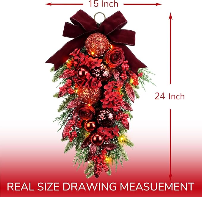 24&#x22; Decorative Teardrop Swag, Artificial Christmas Swag with Red Hydrangea &#x26; Baubles, Purple Bowknot, Red Berries, Sparkling Leaves, Pine Needles (Red Hydrangea)