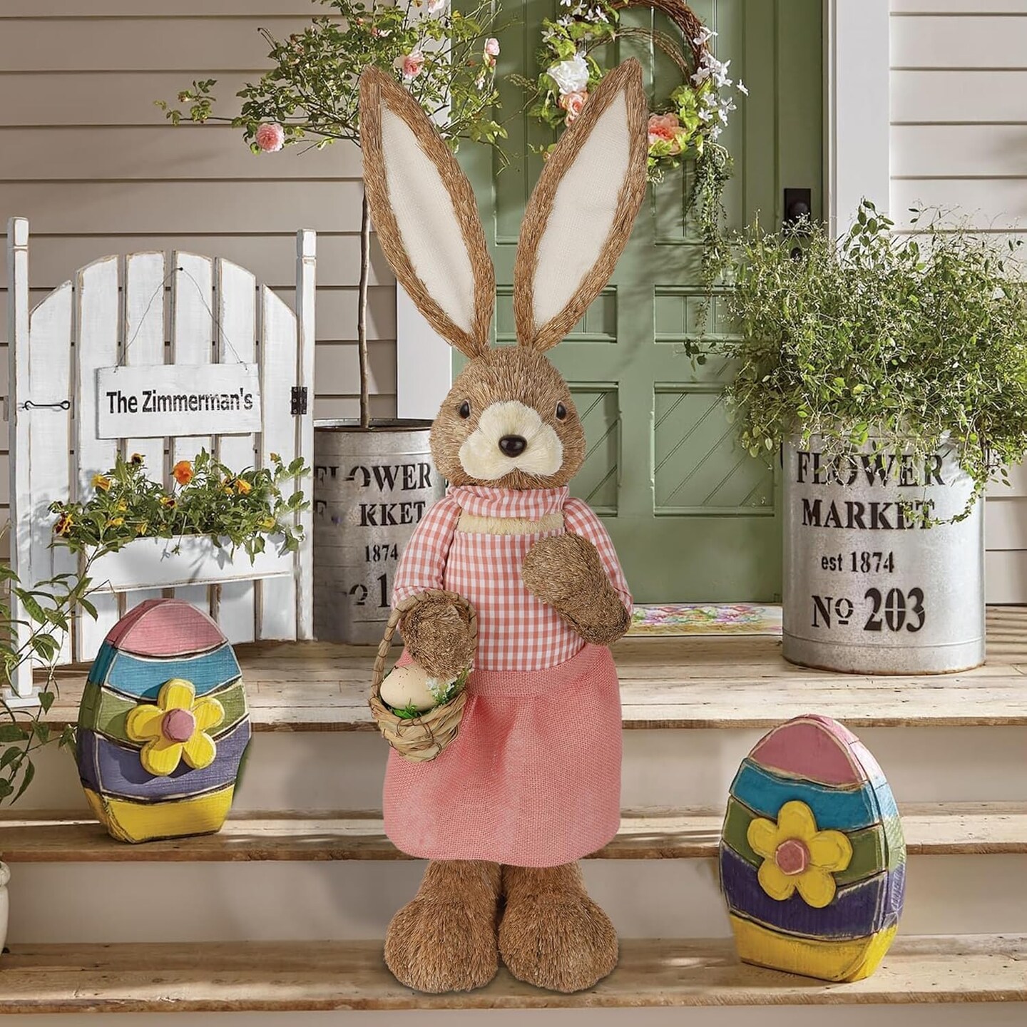 Easter Bunny Decor, 2.7FT Large Rabbit Statue with Easter Basket Eggs Outdoor Decorations, Straw Standing Bunnies Figurine Spring Decor for Porch Home Farmhouse Entryways Photo Props (Girl)
