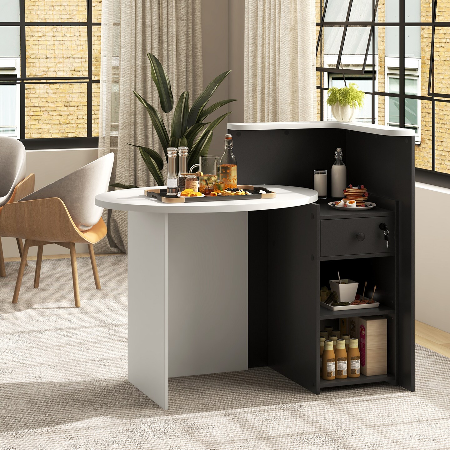Black-White Front Reception Office Desk with Open Shelf and Drawer