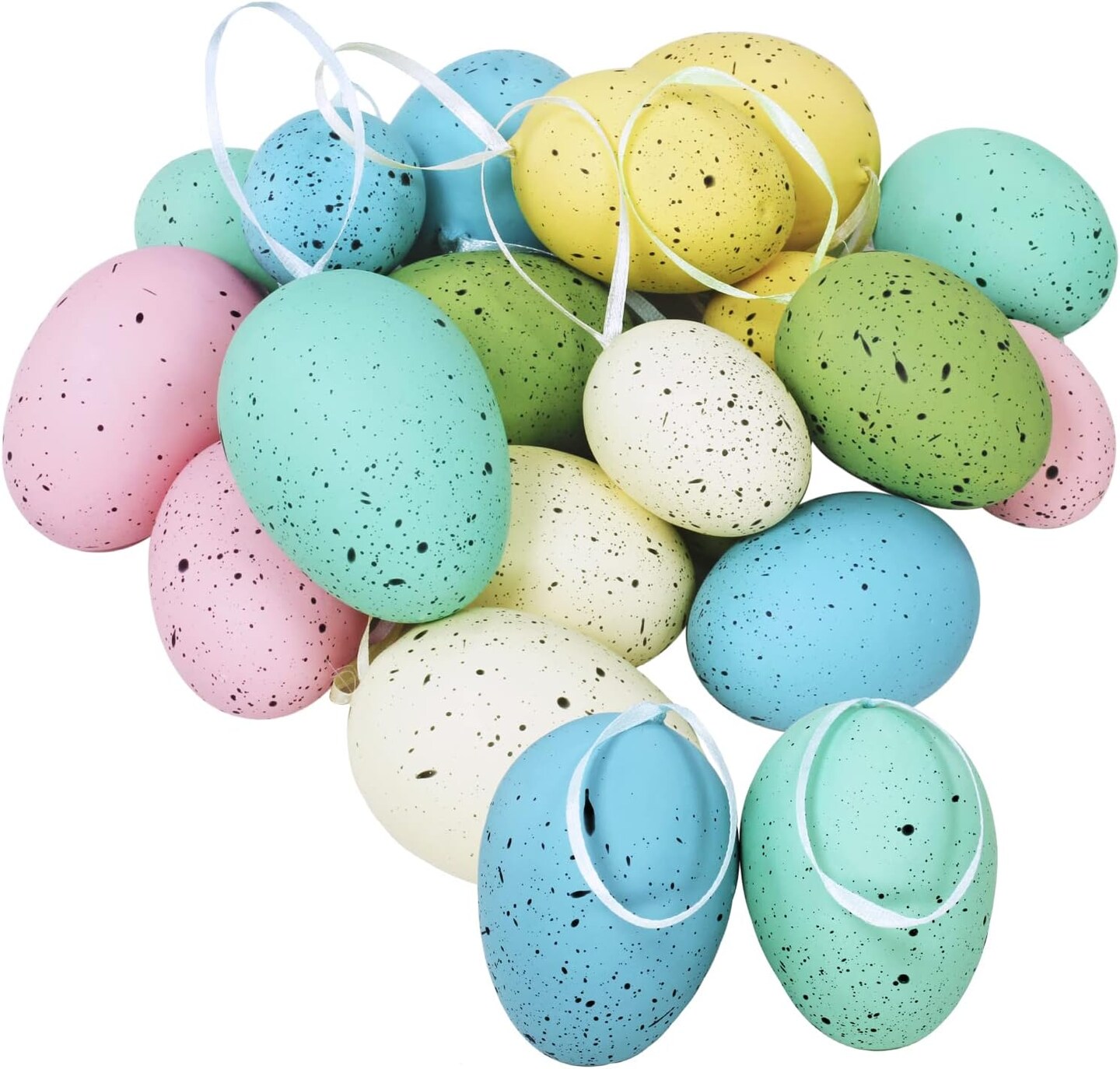 18 Pcs 3 Sizes 6 Colors Hanging Foam Easter Eggs Speckled Eggs Ornaments Decorative Easter Eggs in Transparent Packing Box with Faux Grass for Easter Tree Decorations Basket Filler