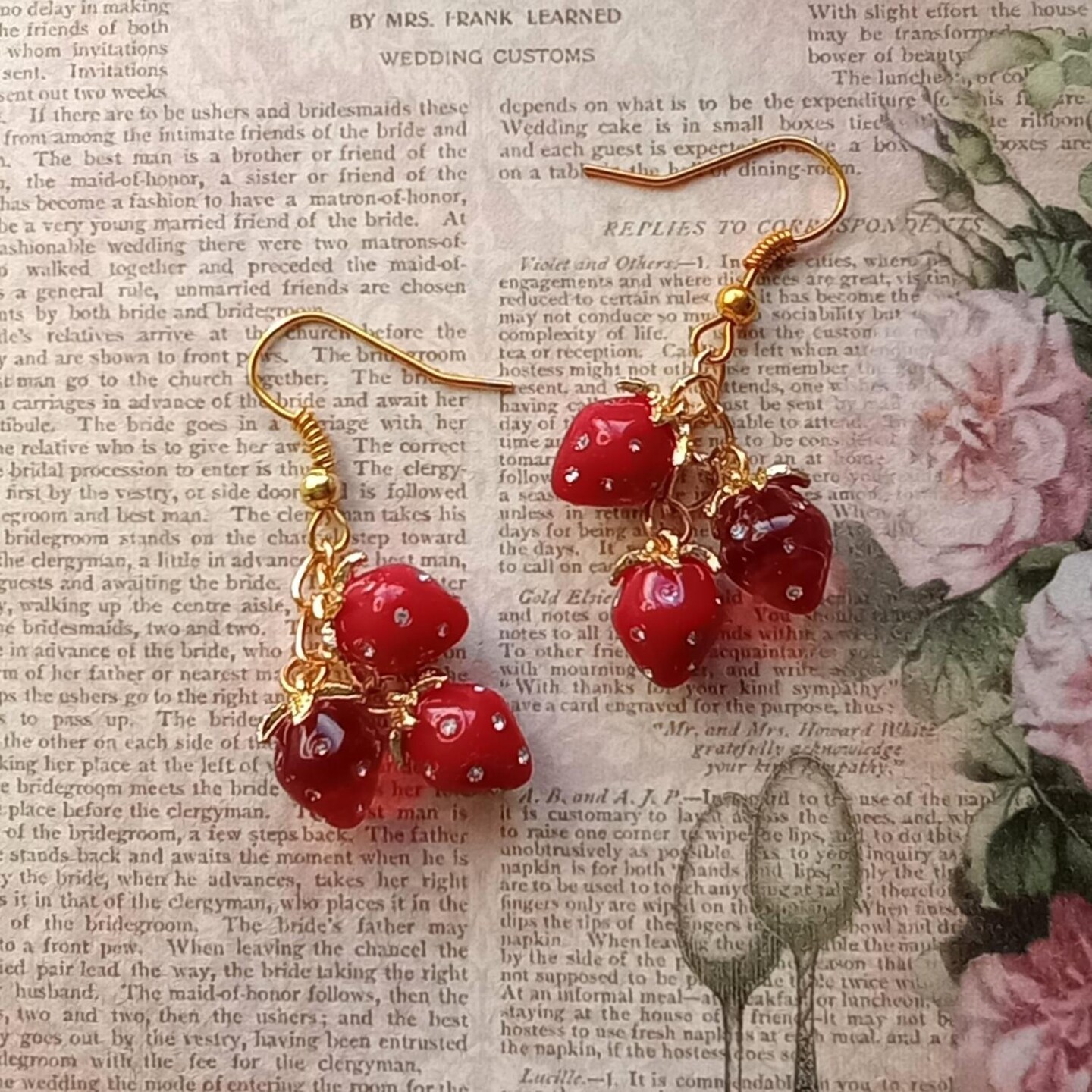 Clear and Opaque Mini Red Strawberry Bunch Gold Tone Earrings 439800390941786112