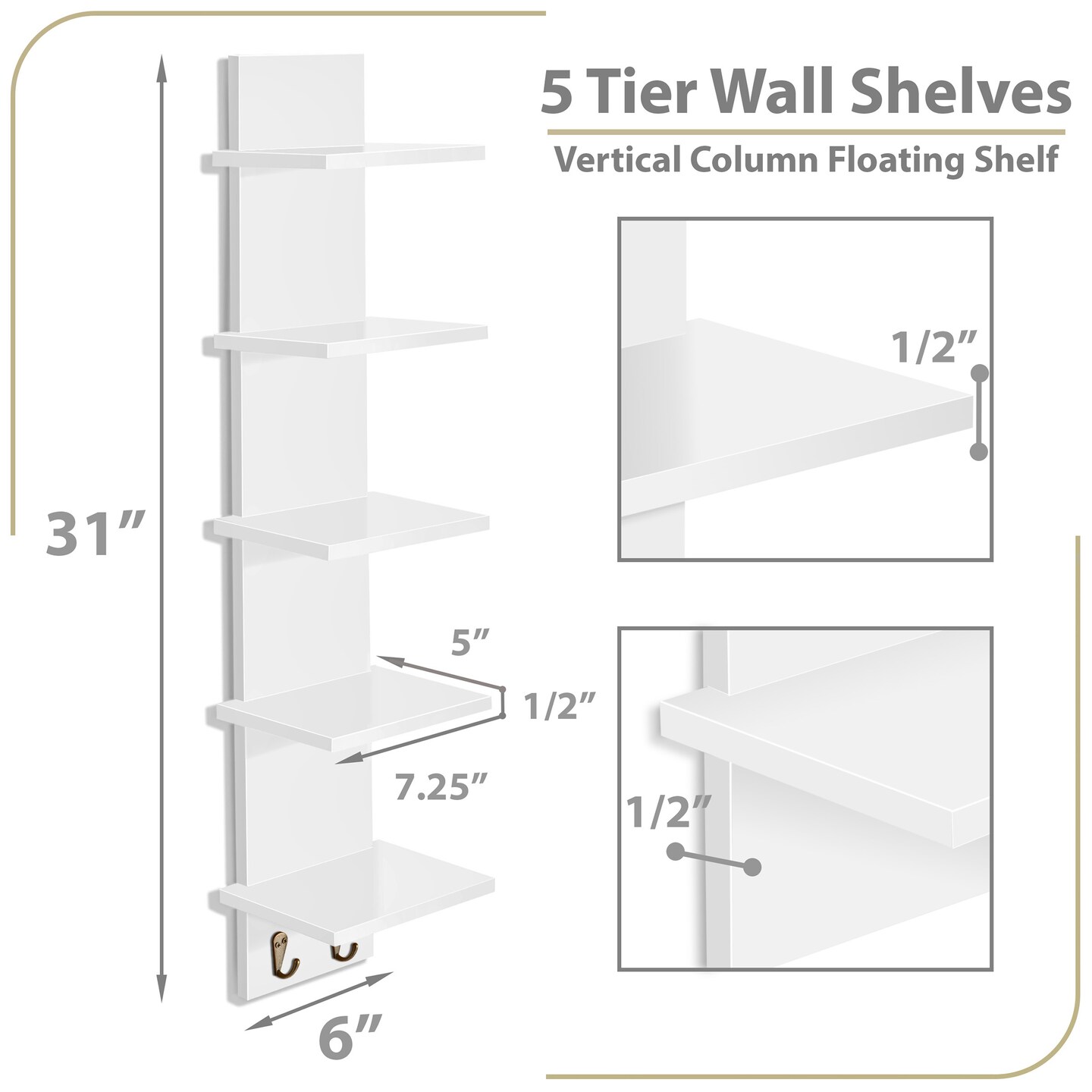 Sorbus 5 Tier Wall Shelf Unit with Hooks Set of 4, Wall-Mounted Column Utility Shelving for Home Decor and Storage Organizer