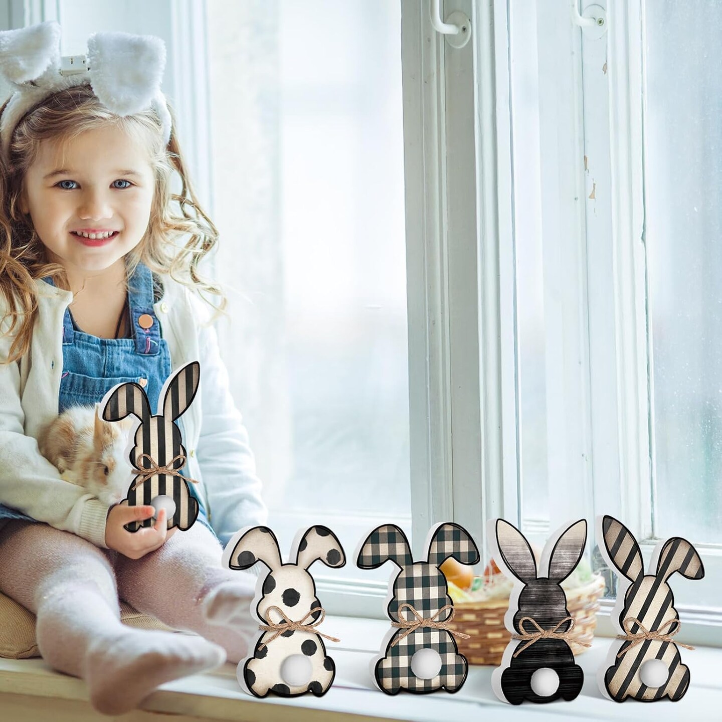 5 Pcs Easter Bunny Wooden Signs Buffalo Plaid Bunny Decor with Jute Rope Easter Decorations for The Home Tabletop Decorations for DIY Home Office Farmhouse