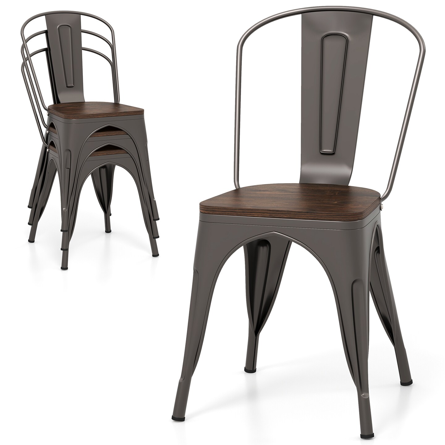 Metal Style Dining Chairs Set of 4, Stackable Kitchen Chairs with Wood Seat
