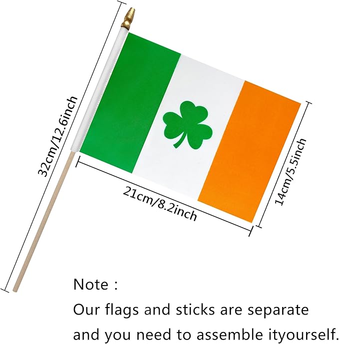 TSMD Ireland Irish Shamrock Stick Flag Saint Patrick&#x27;s Day Clover Small Mini Hand Held Flags,5x8 Inch,12 Pack