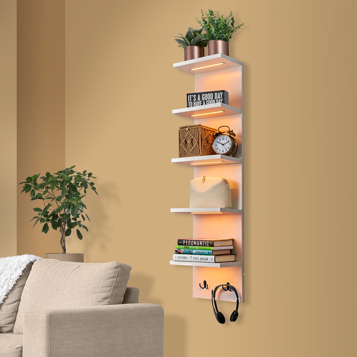 Sorbus LED Light Display Shelf - Vertical 5 Tier Wall Shelf Unit with 2 Hooks, Wall Mounted Floating Column Utility Shelving