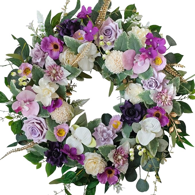 22&#x22; Artificial Flower Wreath Spring/Summer Floral Wreaths for Front Door with Roses Orchid Gardenia Dahlia Full and Elegant Decor for Inside Outside Wall Window Festival Party Wedding &#xFF08;White Purple&#xFF09;