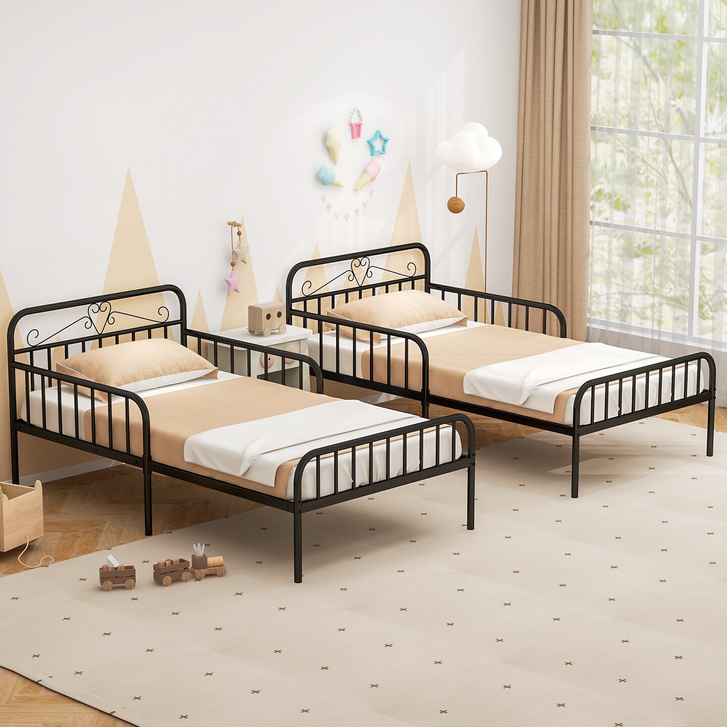 Twin Size Metal Bed Frame with Headboard Included Safety Side Guardrails