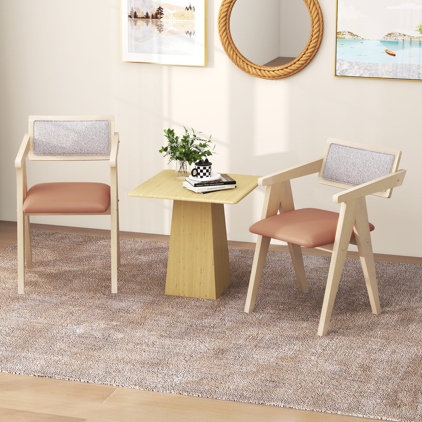 Walnut Wooden Mid-Century Accent Chairs with Leathaire Seat Cushions, Set of 2
