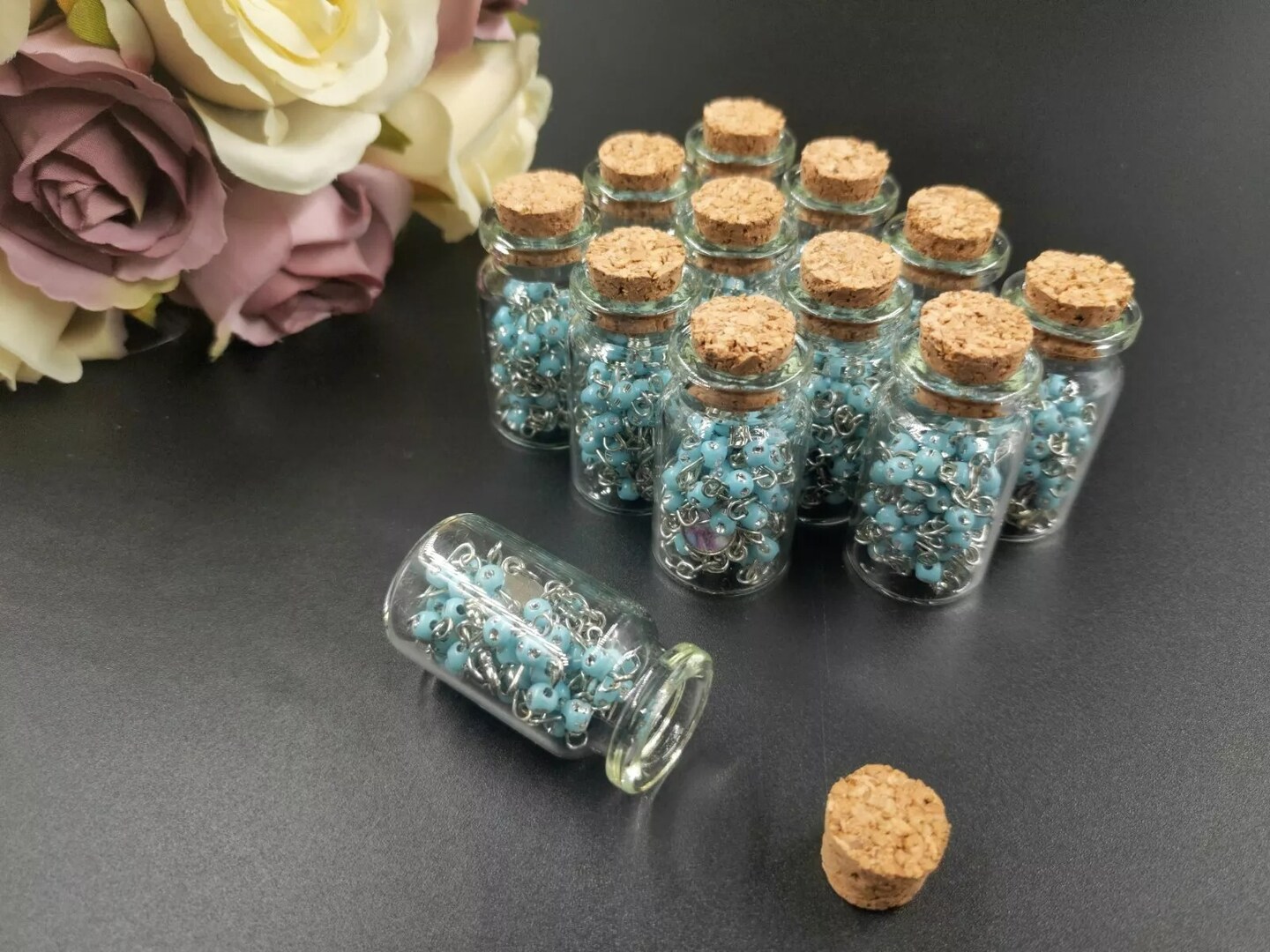 12 Rosary in Glass Bible Cross Blue Beads CATHOLIC Mary Crucifix Necklace Bottle