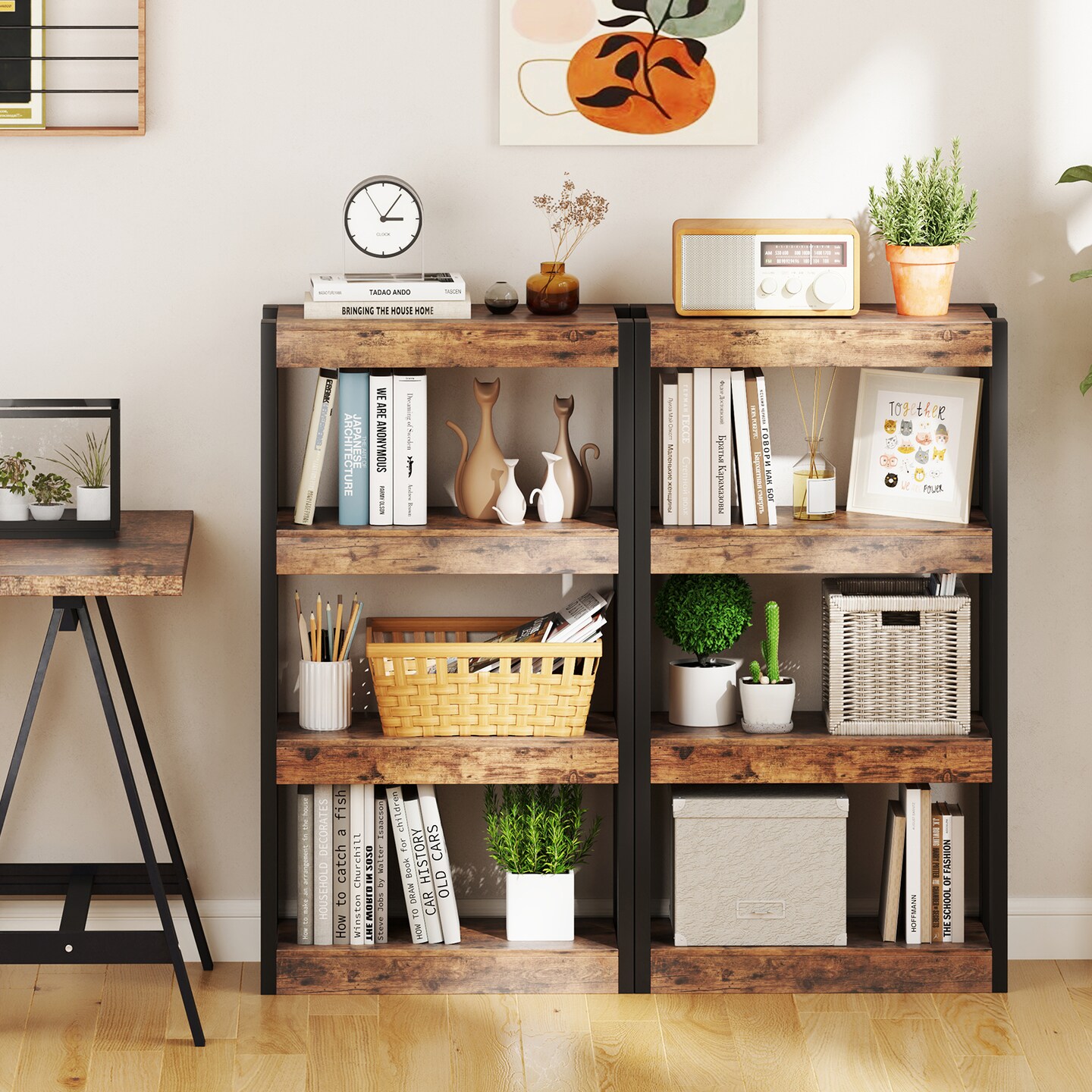 4 Tier Bookshelf Wooden Bookcase with Dual Anti-Tipping Kits Perfect for Living Rooms, Bedrooms Or Studies