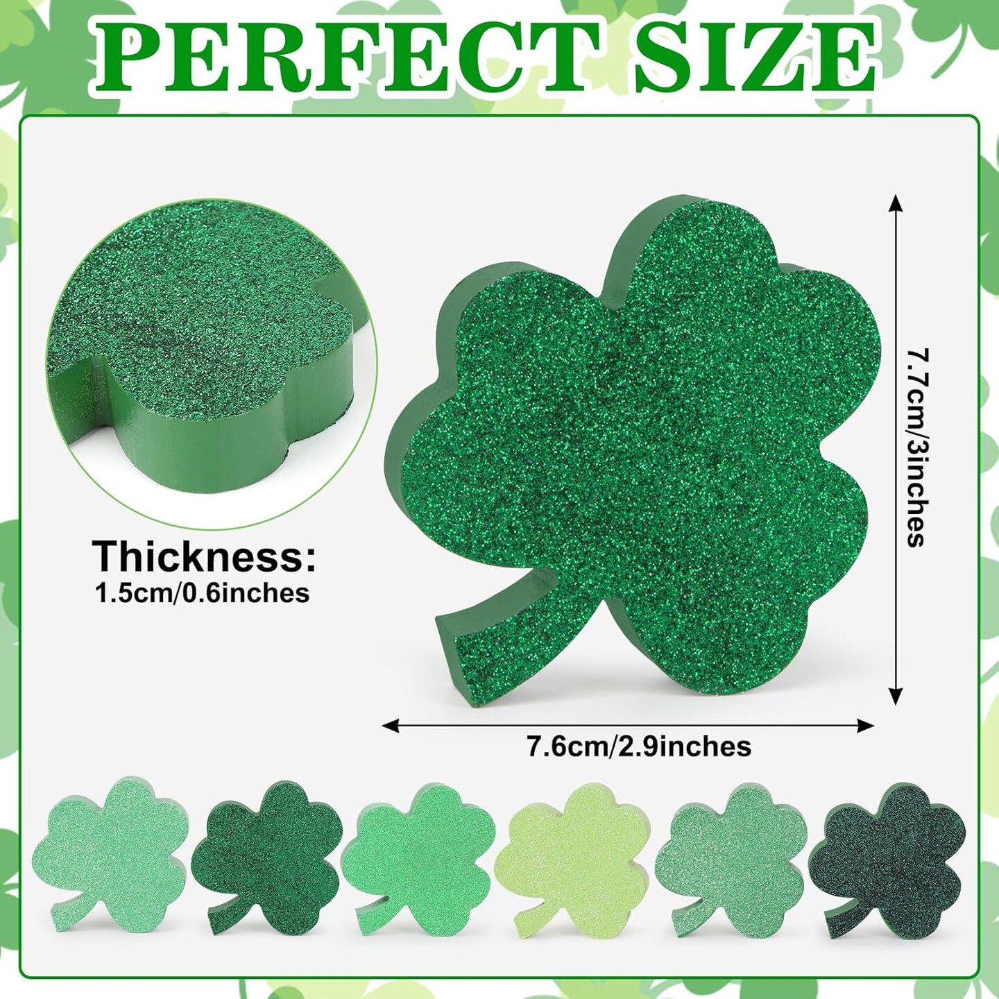 St. Patrick's Day Shamrock Decorations, Wooden Saint Patrick Day Tiered Tray Decor Set of 6, Green Clover Table Top Decoration for Home, Shelf, Door, Office Party (Glitter Solid)