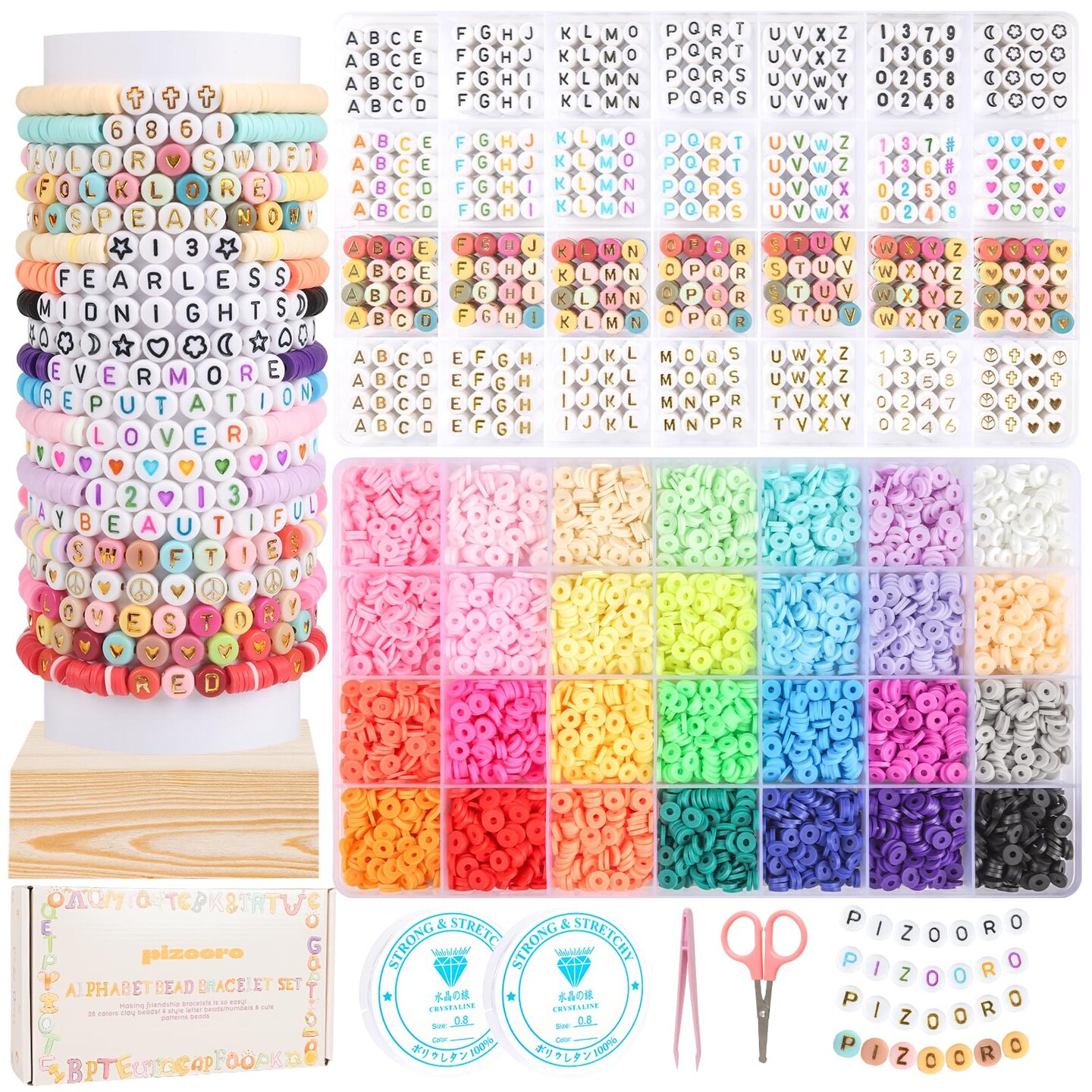 Bracelet Kit with 28 Colors, 5040 Clay Beads, 1200 Letter Beads for Jewelry Making - 4 Styles of Round Alphabet, Number, Heart &#x26; Pattern Beads