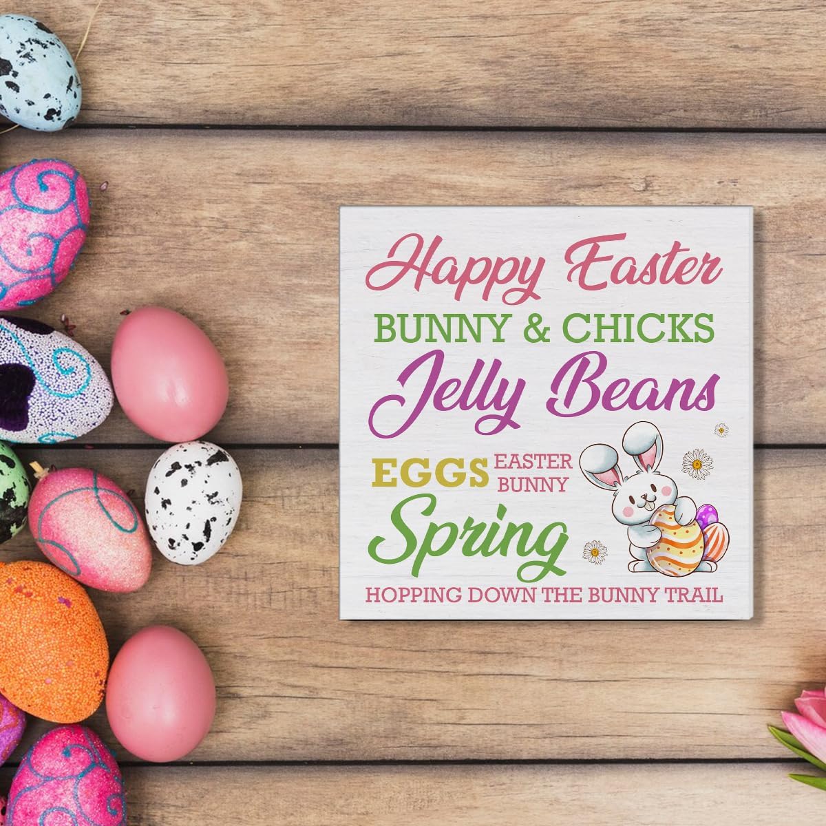 Easter Decor Happy Easter Bunny Wooden Sign, Easter Decorations for the Home, Easter Wooden Plaque Block Sign Rustic Home Kitchen Decor 5 x 5 Inches