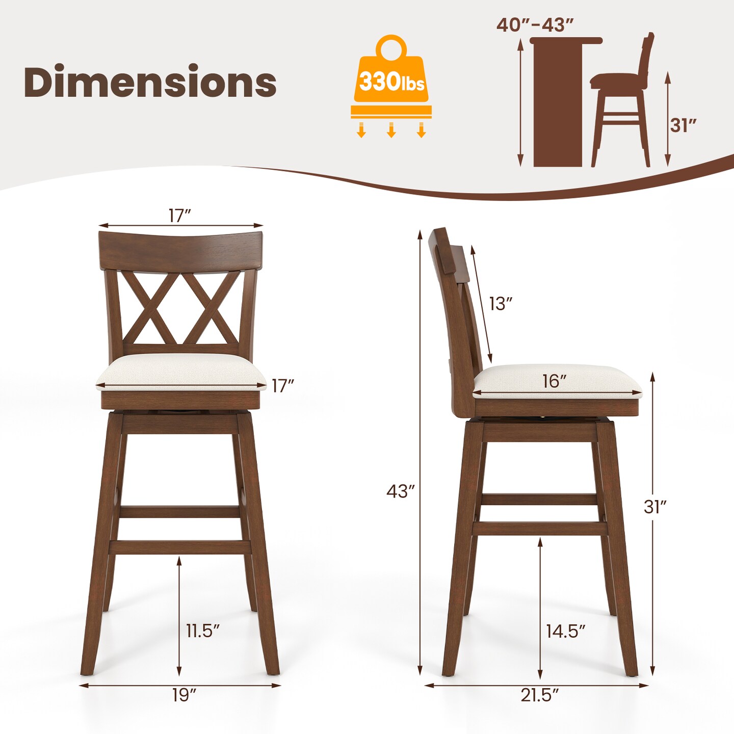 30 Inch Bar Stool with Contoured Backrest, Swivel Padded Seat, Adjustable Height and Footrest