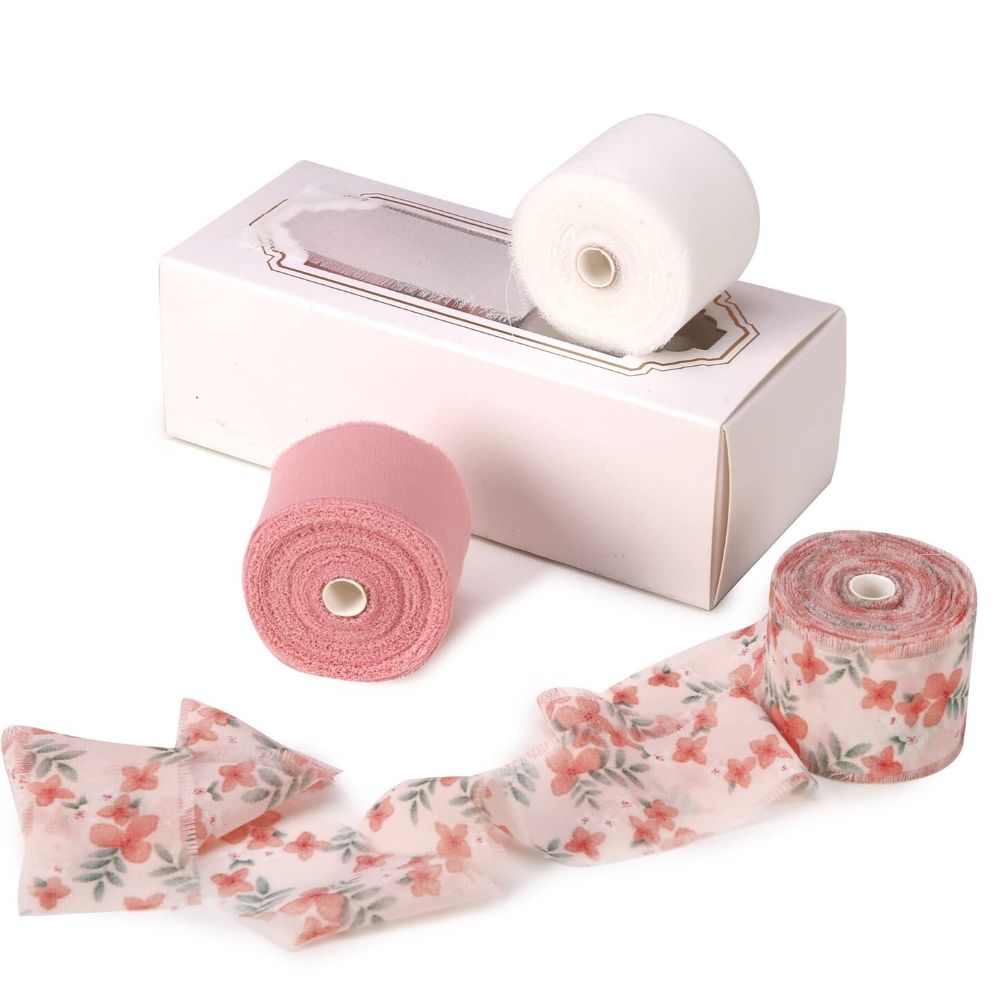 Dseason Handmade Fringe Floral Silk Chiffon Ribbons 1.5" x 7 Yards, 3 Rolls 21 Yards Pink Floral Ribbons Set for Wedding Invitations, Bridal Bouquets, Gifts Wrapping, DIY Crafts Decoration