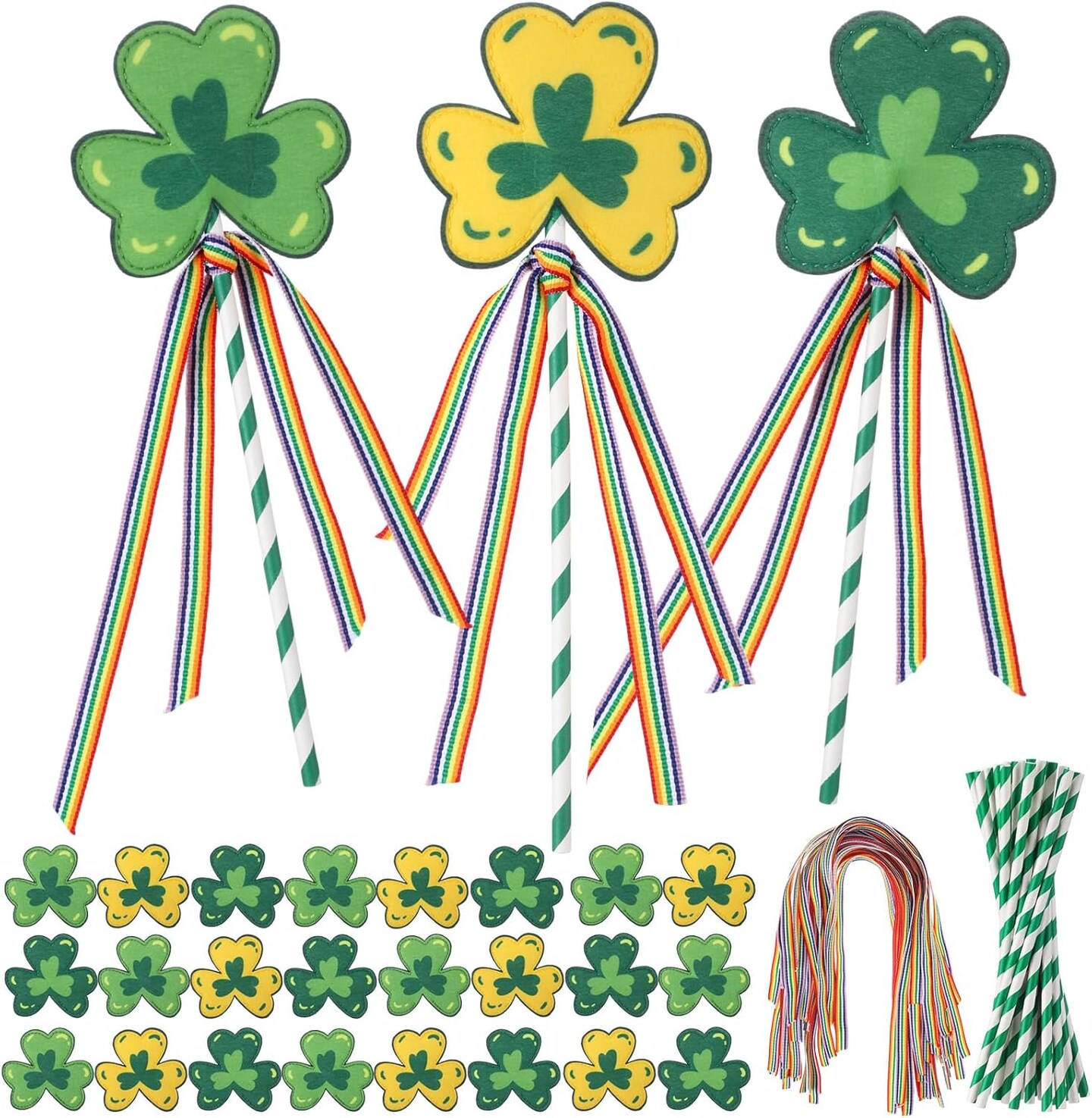 24 Set St. Patrick&#x27;s Day Shamrock Wand Craft Kits with Dark Green Stripes Straws Felt Clover