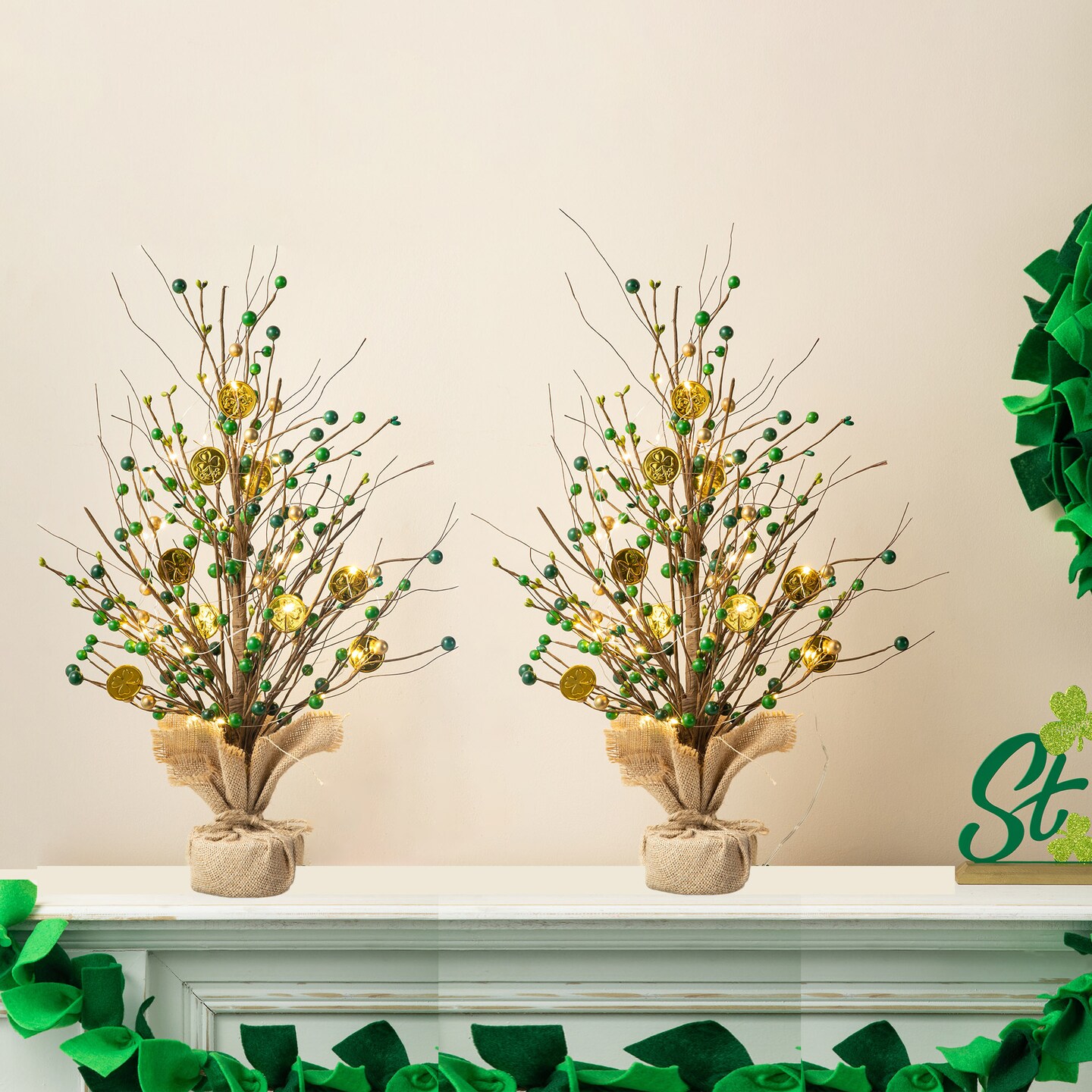 Set of 2 21&#x22;H Lighted St.Patrick&#x27;s Gold Coin Table Trees