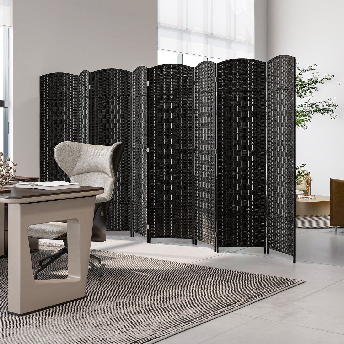 8-Panel Folding Room Divider with Hand-Woven Texture and Solid Wood Frame