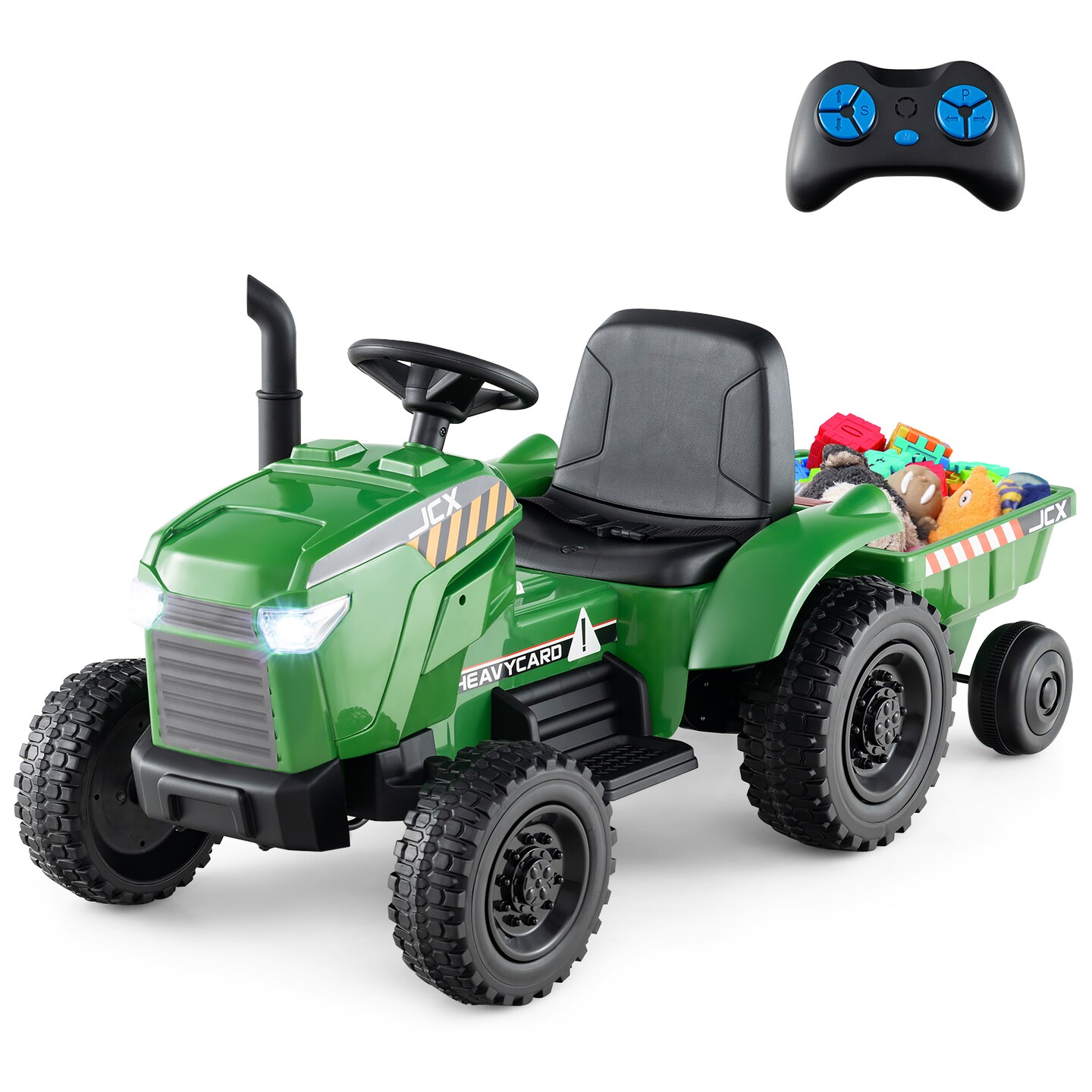 Green Plastic 12V 2-in-1 Kids Ride On Tractor with Trailer, 3-Gear Shift, Battery-Powered