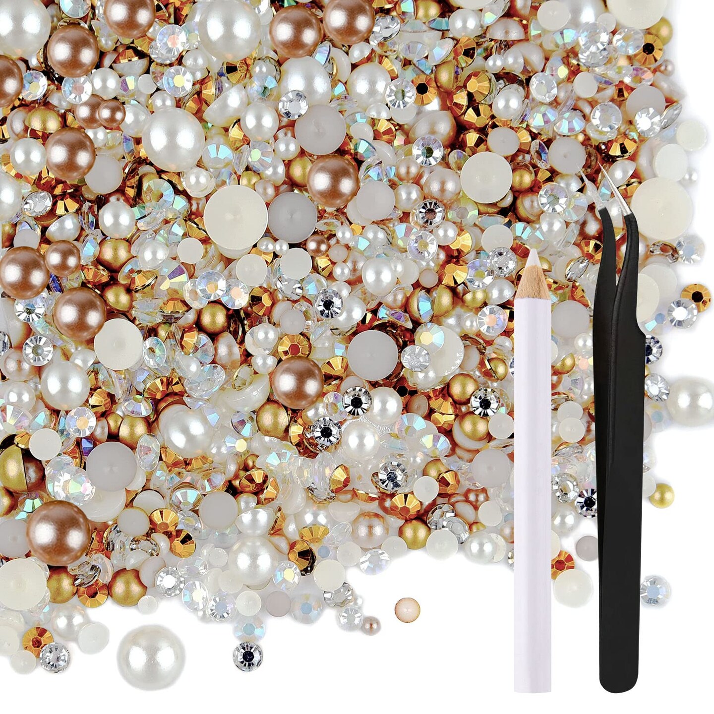 50g Mix Flatback Rhinestones Half Pearls for Craft Mixed Size 3mm-10mm Flat Back Rhinestones for Crafts Flatback Pearls for DIY Tumblers Mugs Nail Art Shoes Clothes (Champagne Gold Series)
