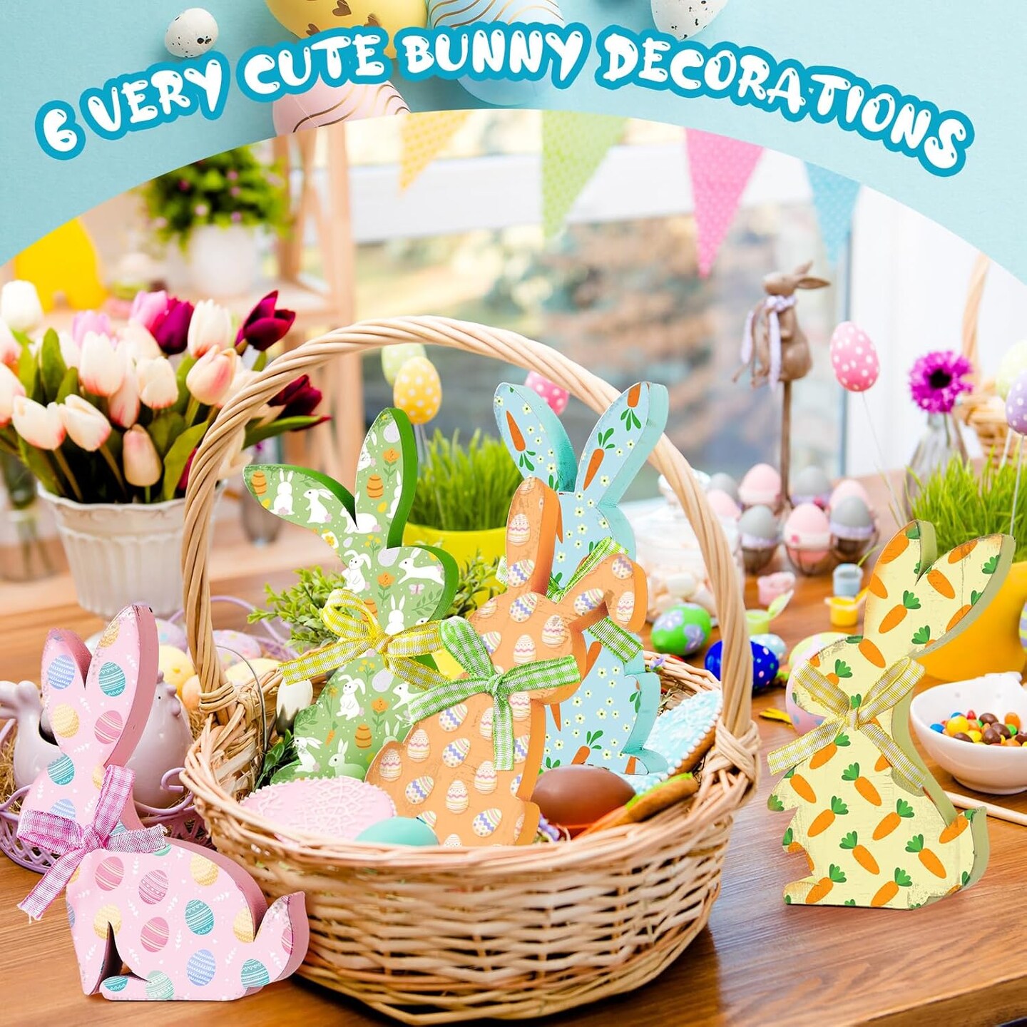 6 Pcs Easter Bunny Wooden Signs Bunny Decor Easter Tabletop Decor Rabbit Shape Table Sign