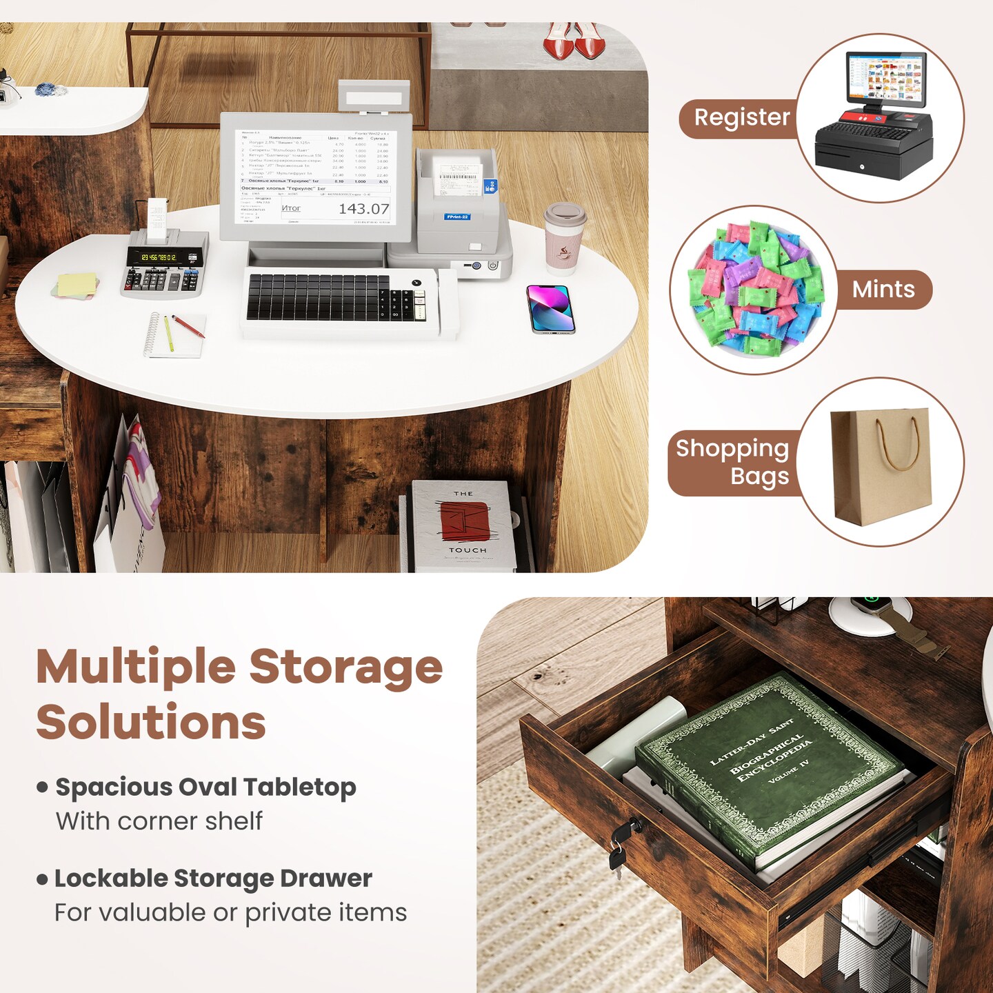 Rustic Brown Modern Reception Desk Front Counter Desk with Oval Tabletop and Lockable Storage Drawer