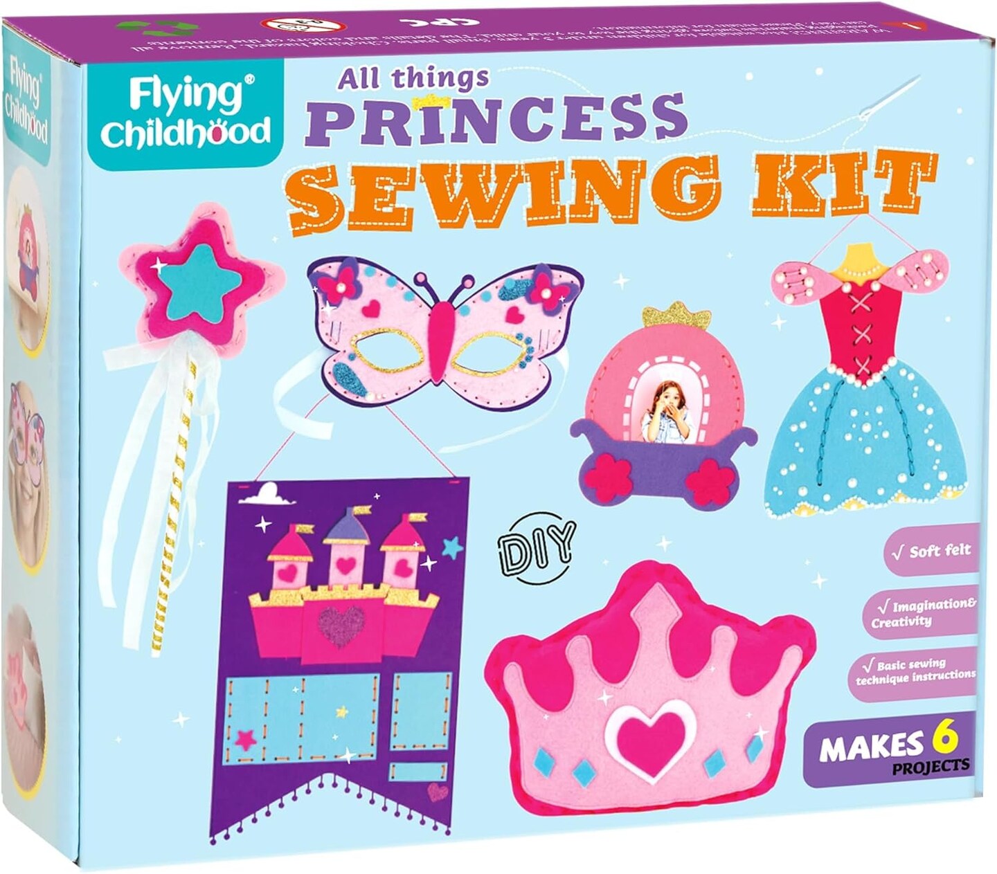 My First Princess Kids Sewing Kit, Beginner Arts and Crafts, Princess Sewing Kit for Kids, 6 Dreamy DIY Projects with Princess Lacing Dress, Butterfly Eye Mask, Instructions &#x26; Felt for Learn Sewing