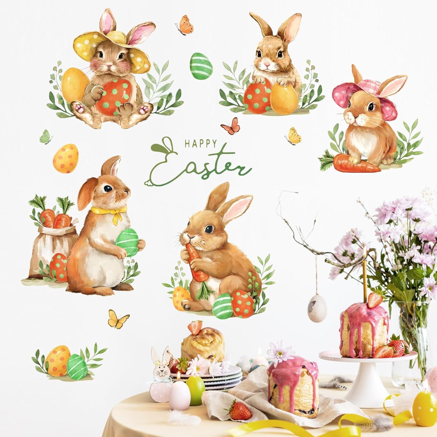 Happy Easter Bunny Wall Decals Stickers, Cute Rabbit Easter Eggs Decorations Bedroom Art, Spring Carrot Butterfly Home Kitchen Decor