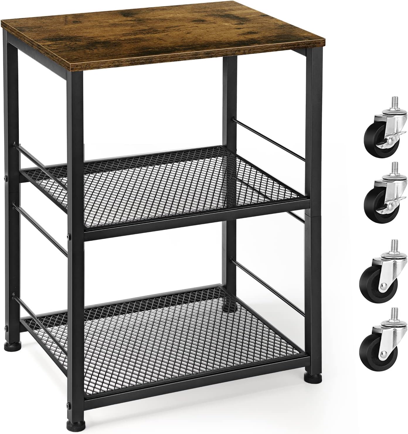 Side Table Small with Wheels Industrial Night Stand Storage Shelf 3 Tier Wood End Table with Metal Frame for Small Space Living Room Bedroom Kitchen Office