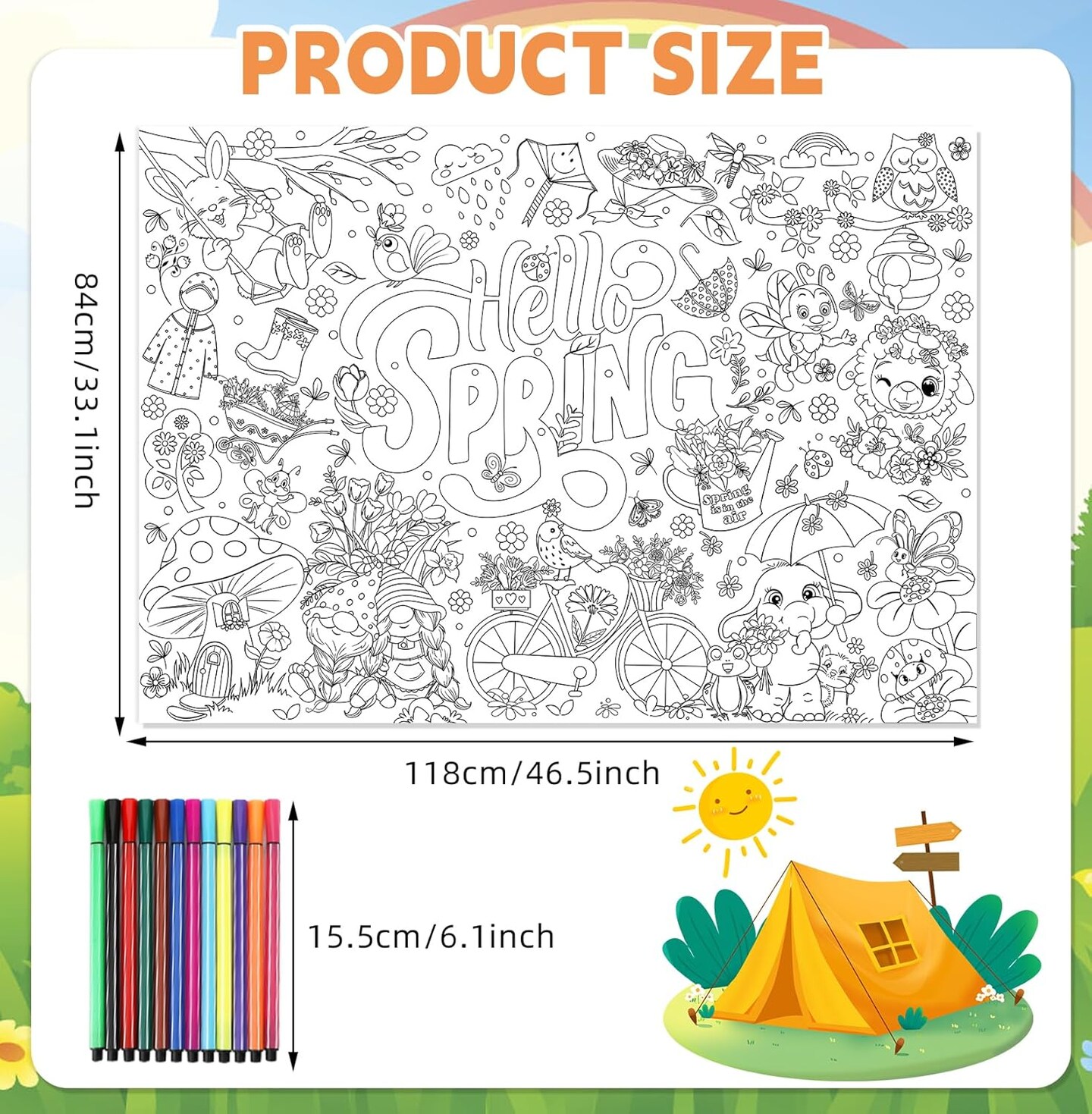 Hello Spring Coloring Poster with 24pcs Paint Pens,Spring Party Jumbo Paper Coloring Banner