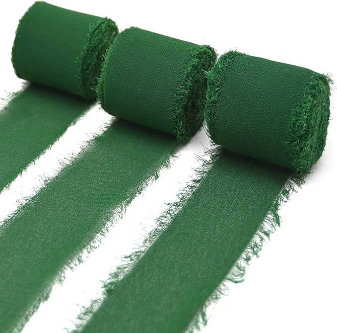 3 Rolls Bright Green Handmade Fringe Chiffon Ribbon 1.5&#x22; x 7Yd Silk-Like Ribbon Colorful Rustic Ribbon for Bouquets Wrapping Decor Wedding Tie Invitations Crafts