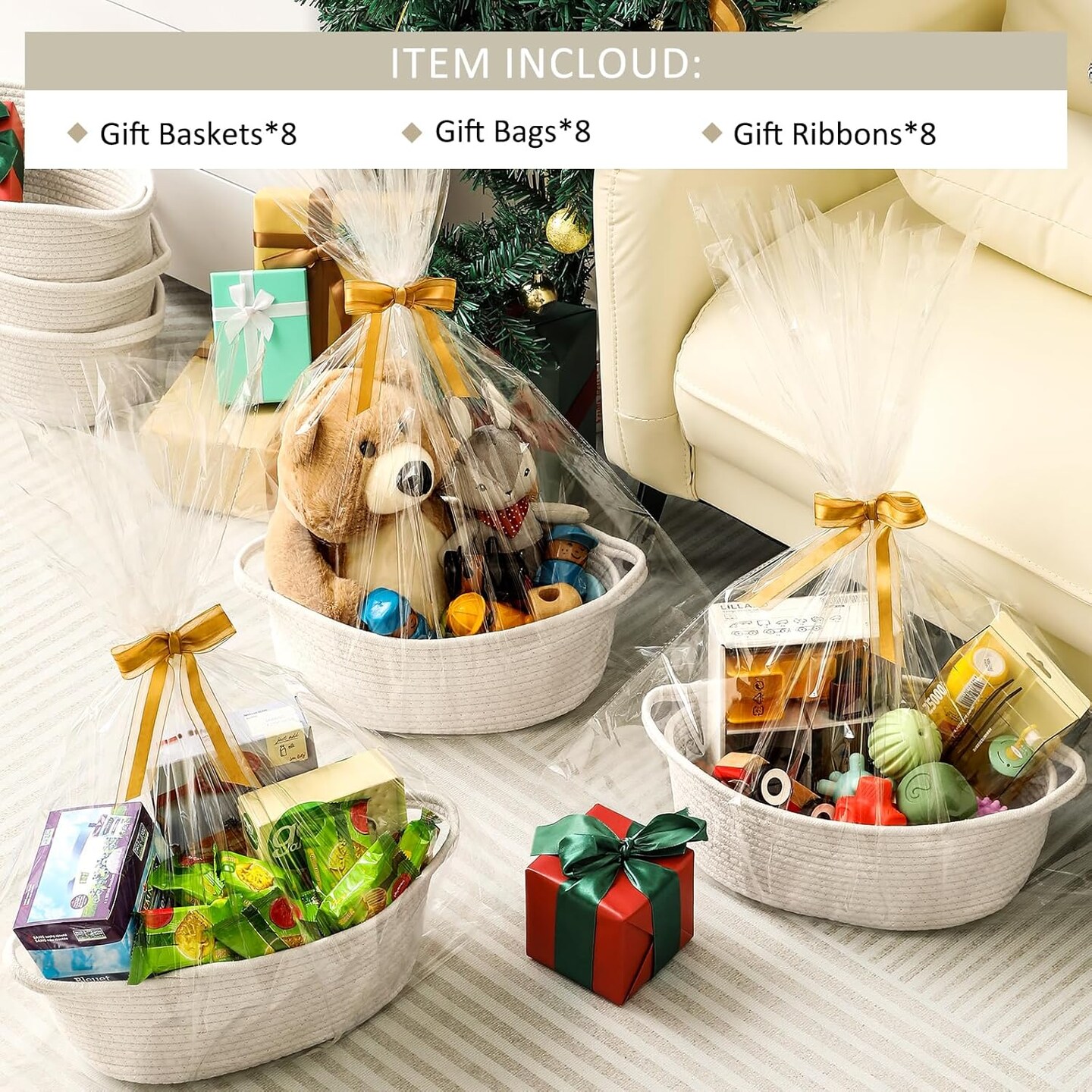 4 Pack Small Woven Basket with Handles, All 12&#x22;x 8&#x22;x 5&#x22;, Cotton Rope Room Shelf Storage Basket, Cat Toys, Cute Baby Gift Basket with Gift Bags and Ribbons for Nursery, Empty Decorative Gift Chest Box