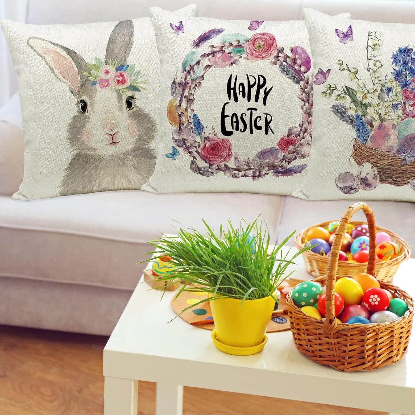 Easter Pillow Covers 18x18 Set of 4 Easter Pillow Case Rabbit Bunnies with Eggs Canvas