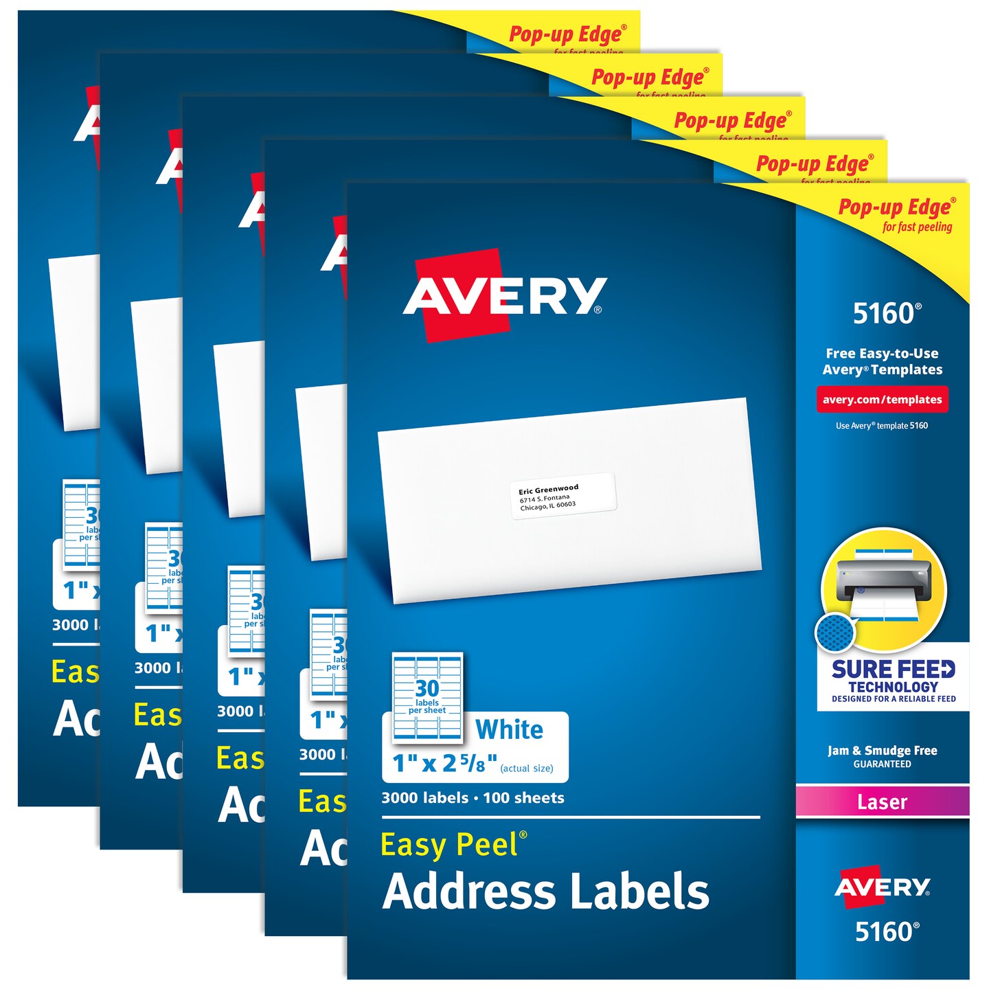 Avery Easy Peel Printable Address Labels with Sure Feed, 1" x 2-5/8" Customizable Stickers, White, 3,000 Blank Mailing Labels, Great for Mailing, Shipping, and More (5160) - 5 Pack